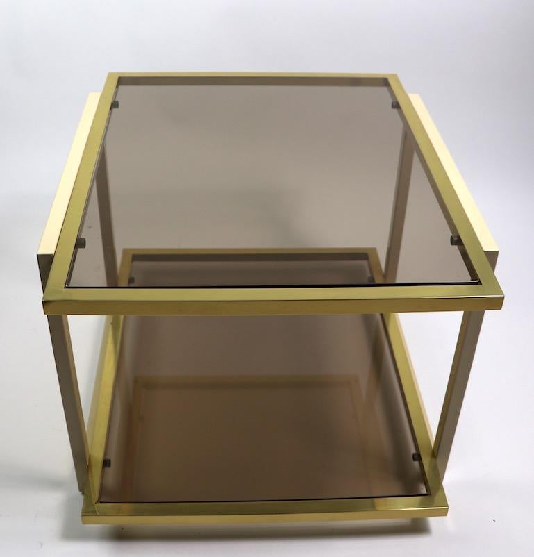 Mid-Century Modern Pair Smoked Glass and Brass Tables by Tommaso Barbi For Sale