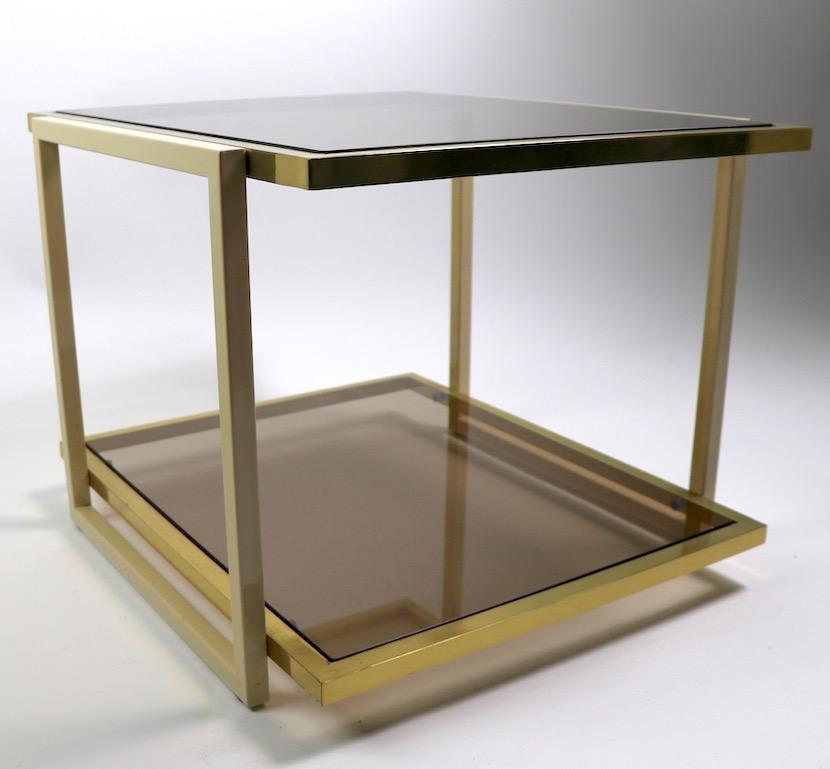 Italian Pair Smoked Glass and Brass Tables by Tommaso Barbi For Sale