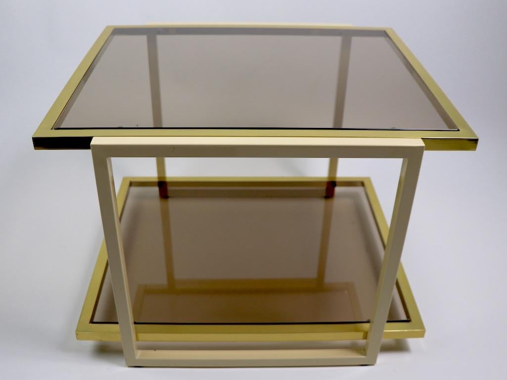 Pair Smoked Glass and Brass Tables by Tommaso Barbi For Sale 1
