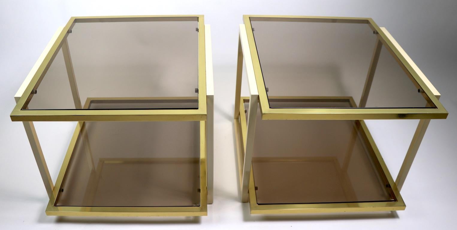 Pair Smoked Glass and Brass Tables by Tommaso Barbi For Sale 2