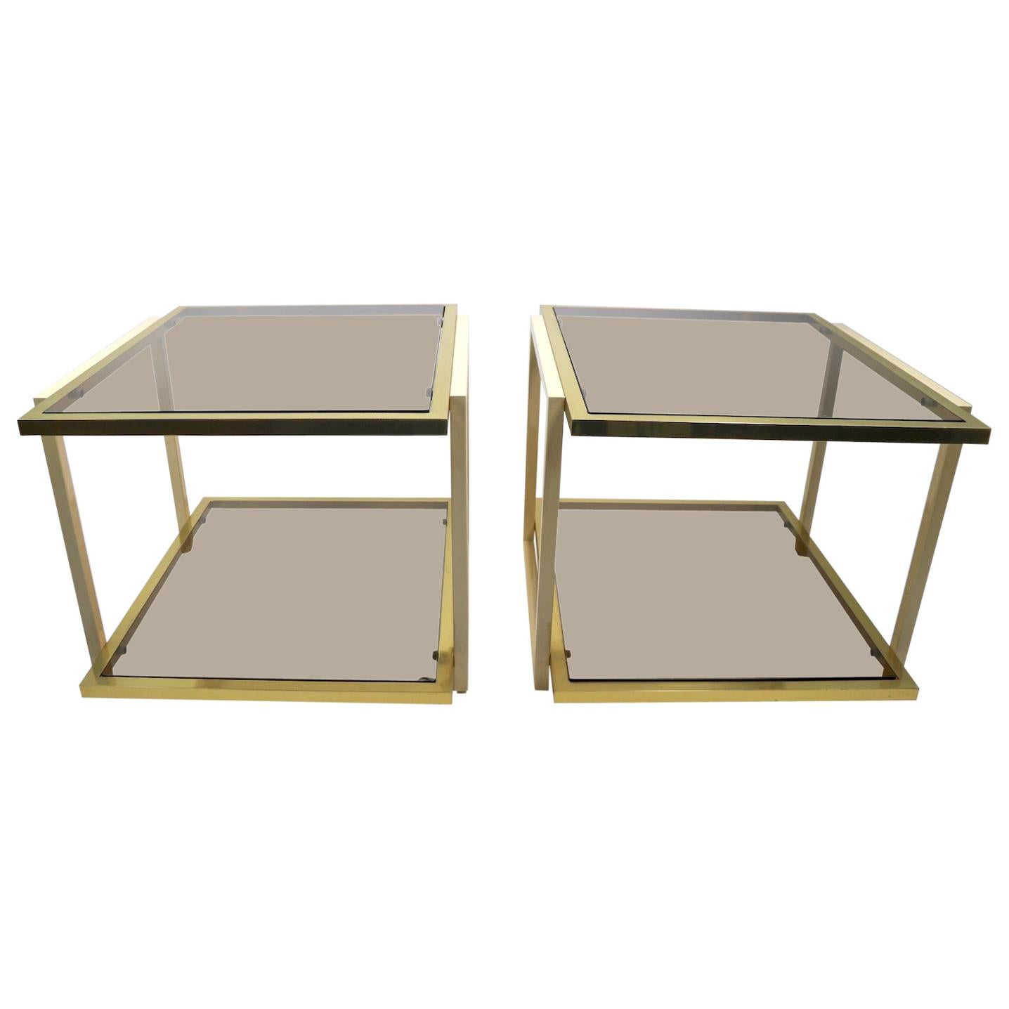 Pair Smoked Glass and Brass Tables by Tommaso Barbi