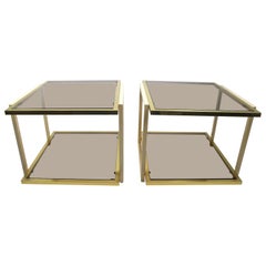 Vintage Pair Smoked Glass and Brass Tables by Tommaso Barbi