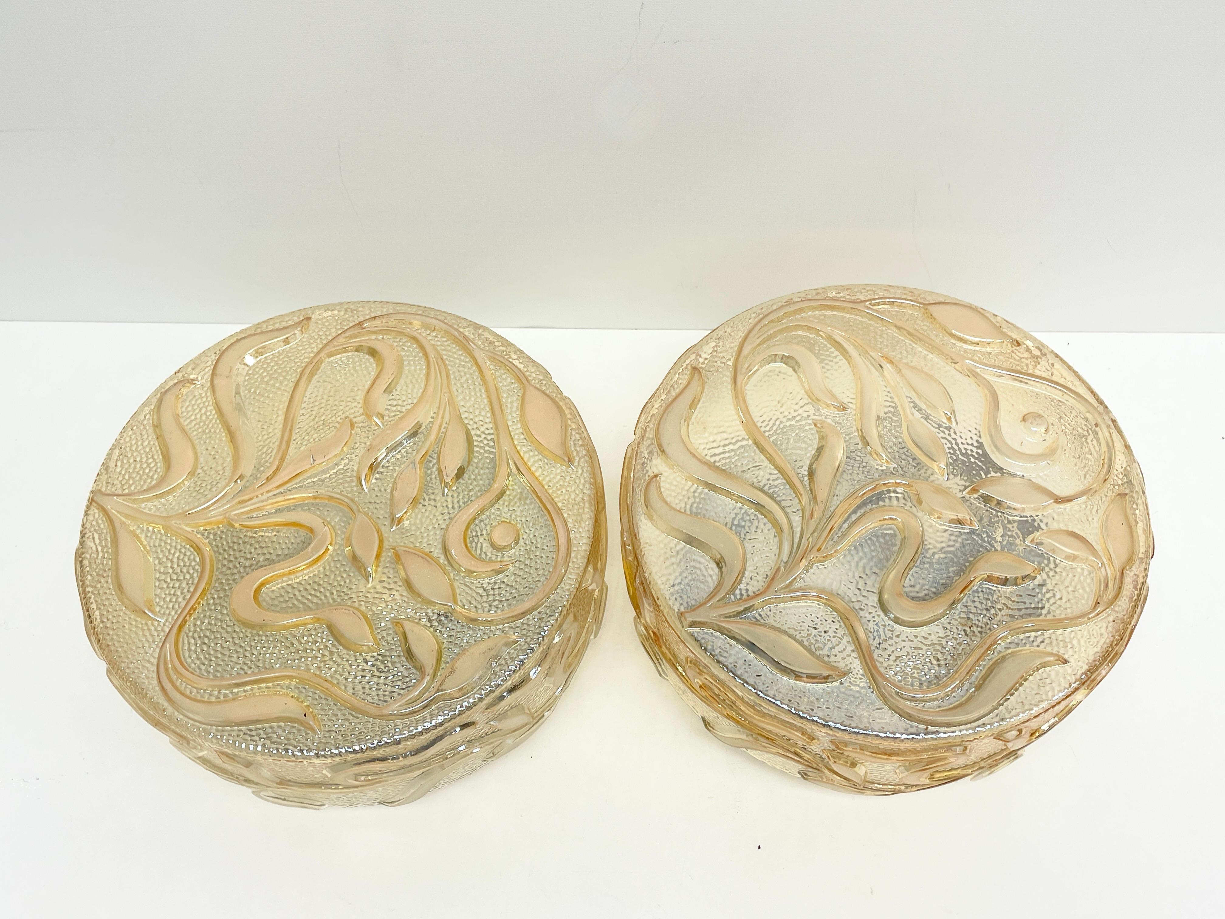 Mid-20th Century Pair Smoked Tendrils Pattern Glass Flush Mount Ceiling Light, 1960s, German For Sale