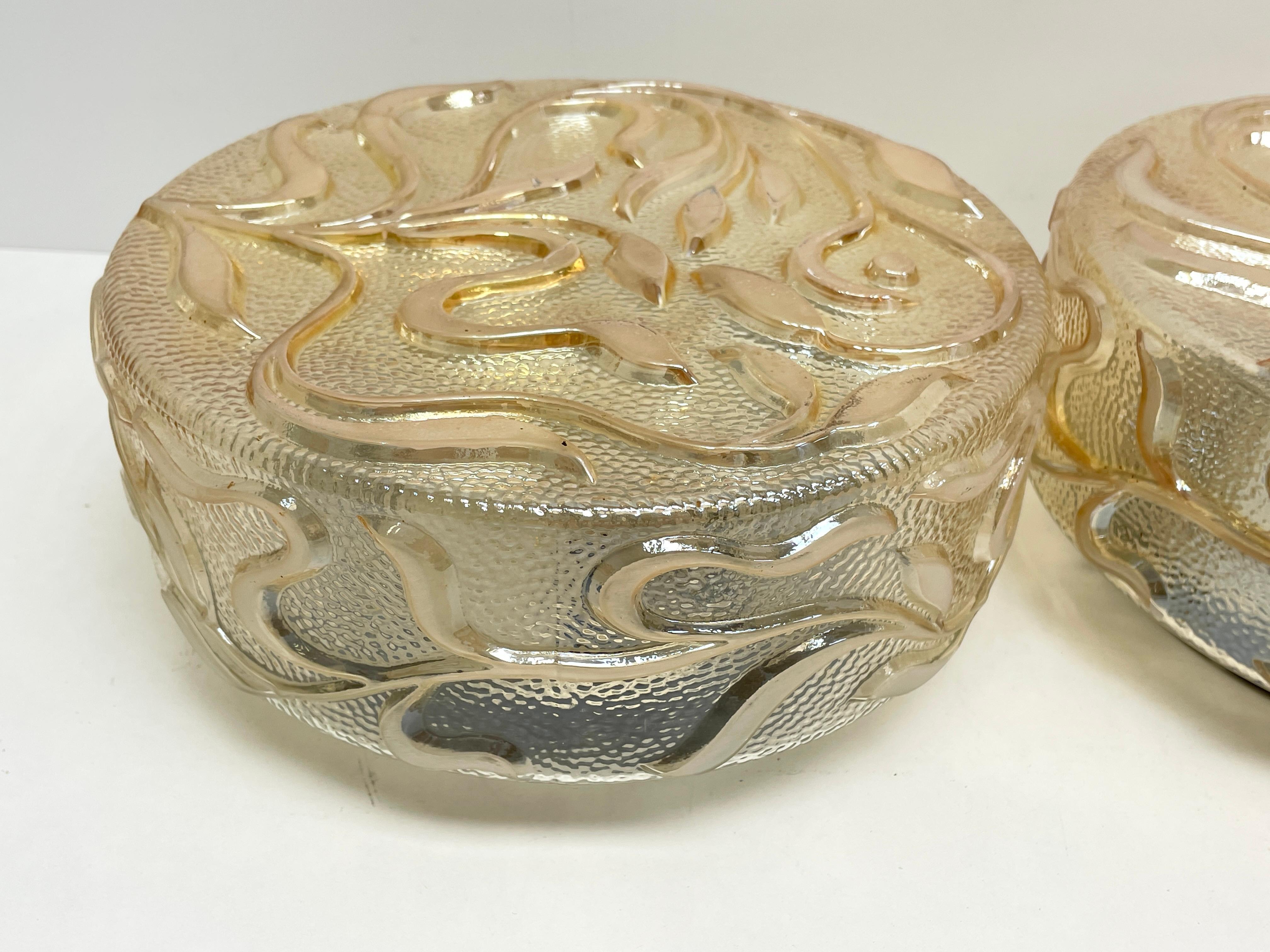 Metal Pair Smoked Tendrils Pattern Glass Flush Mount Ceiling Light, 1960s, German For Sale