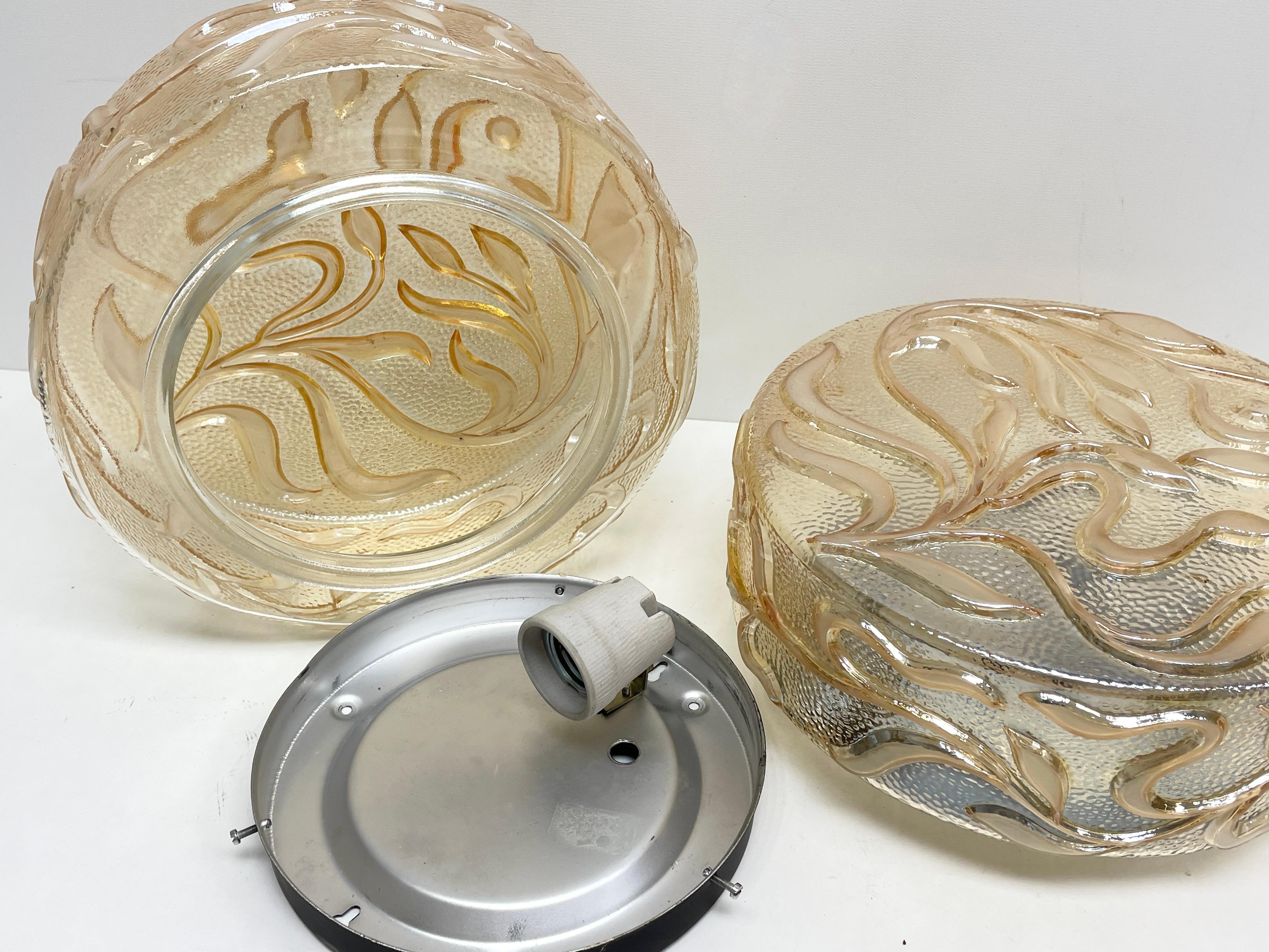 Pair Smoked Tendrils Pattern Glass Flush Mount Ceiling Light, 1960s, German For Sale 1