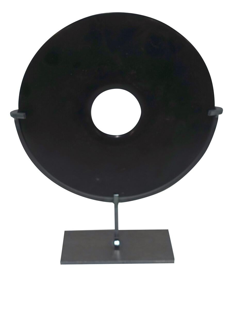 Contemporary Chinese pair of smooth black stone disc sculptures
Both discs are same size
Stand measures 5