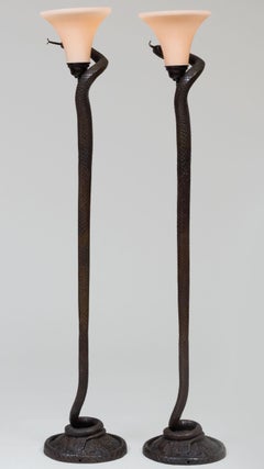 Pair Snake Form Bronze Floor Lamps After Edgar Brandt