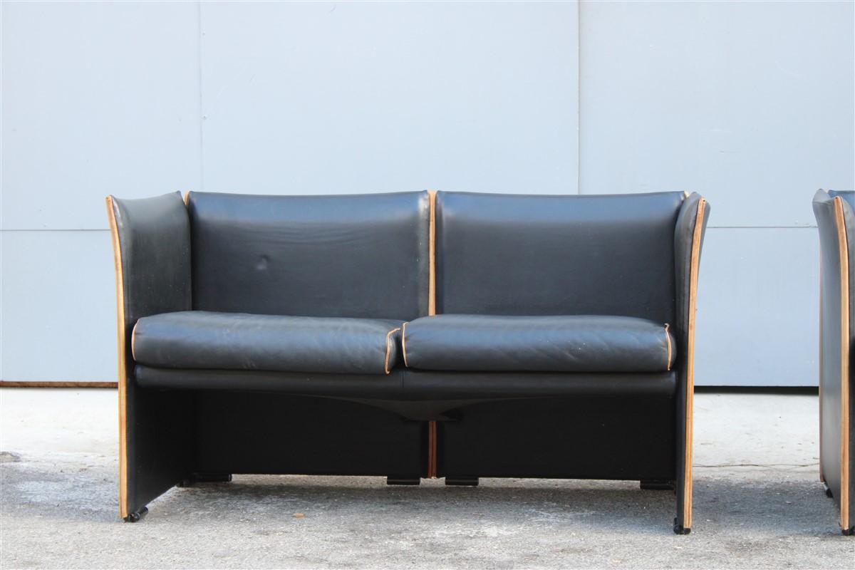 Pair of sofa Cassina Mario Bellini 1970s black skin Italian design minimal Razional.