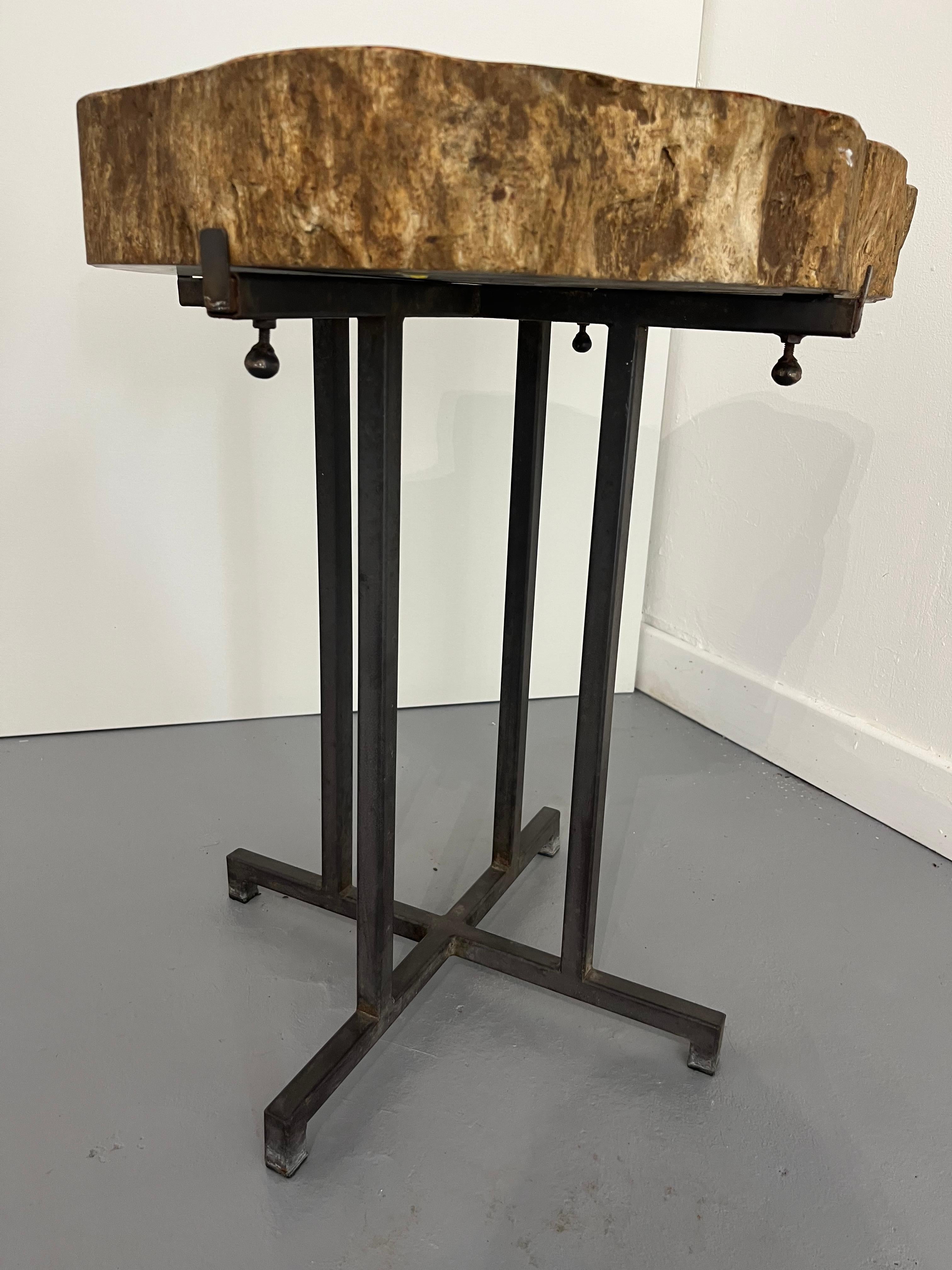 Pair Sofa Table or Coffee Tables Thick Petrified Wood Top adjustable metal Base For Sale 3