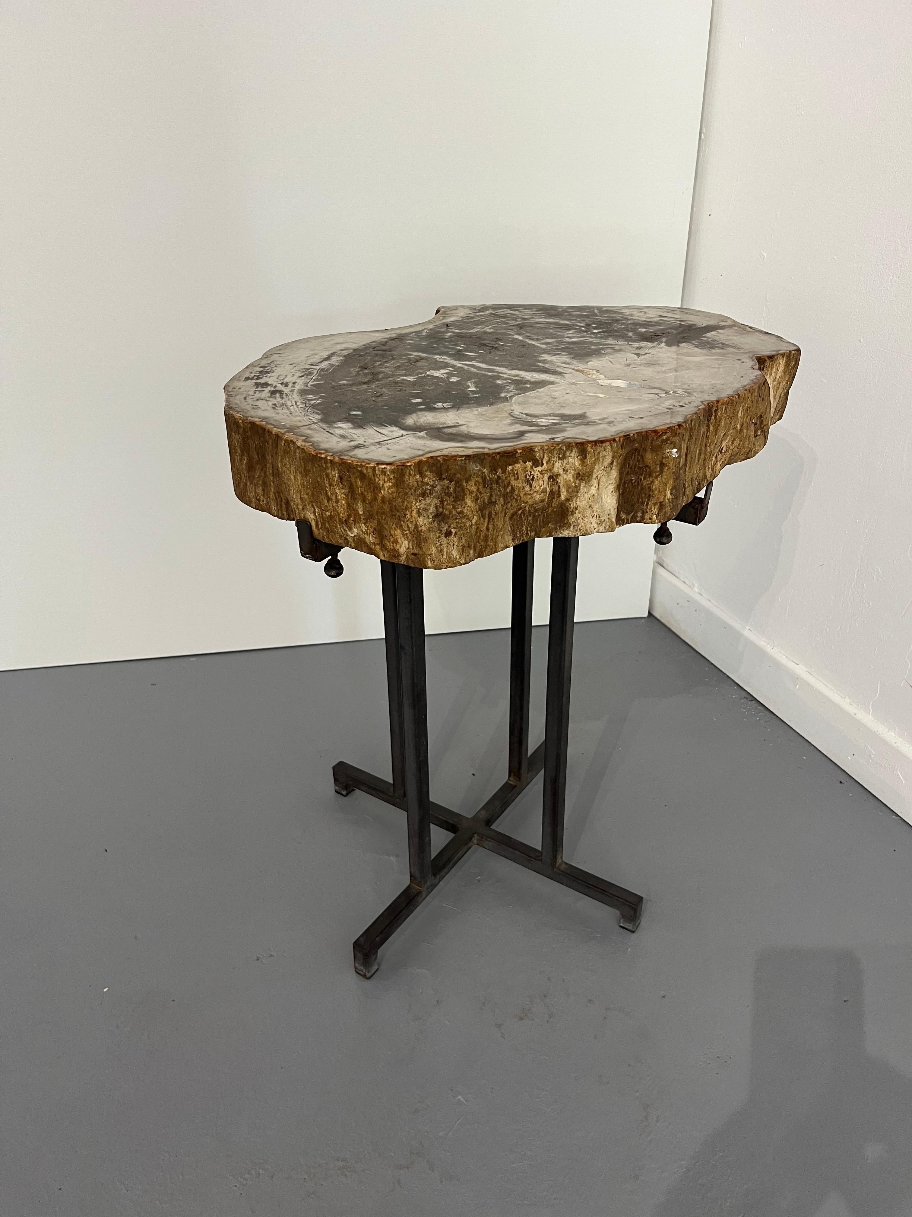 Pair Sofa Table or Coffee Tables Thick Petrified Wood Top adjustable metal Base For Sale 4
