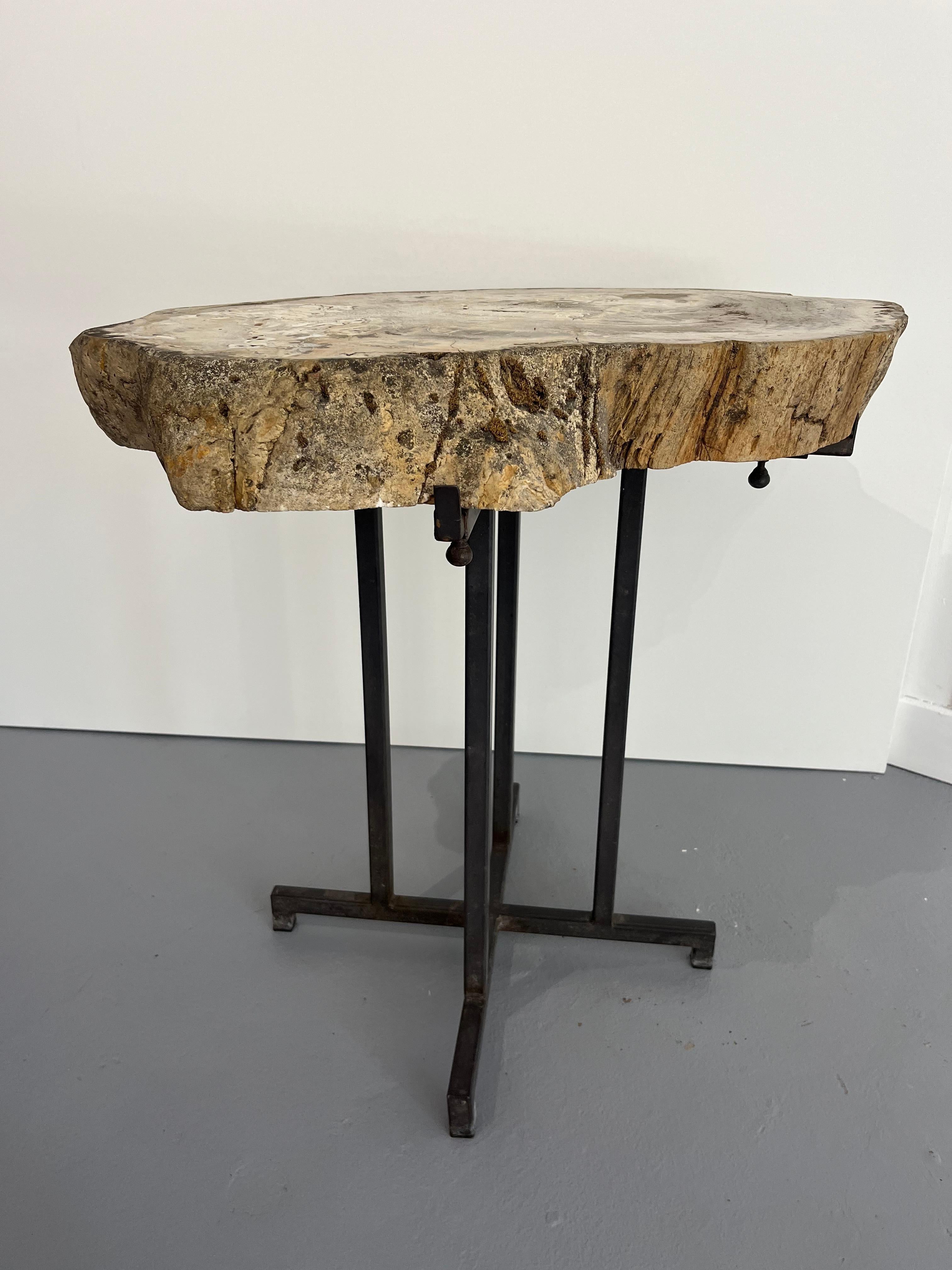Exceptional Pair of end Tables .
Thick slice of polished Petrified wood top on an adjustable iron base .
Minimalist design for the base which is a perfect style for any interior house terrace or garden as well.