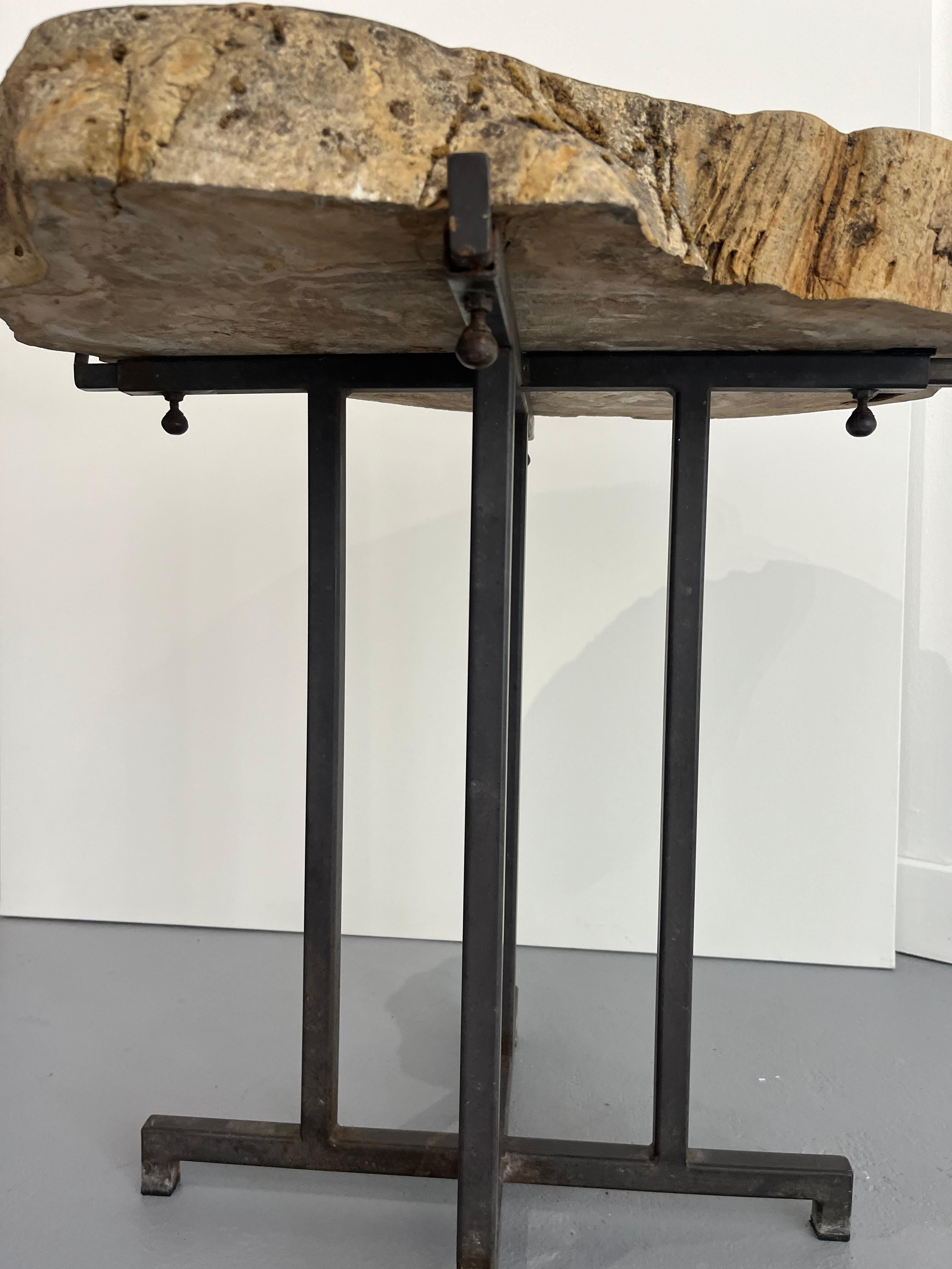 Pair Sofa Table or Coffee Tables Thick Petrified Wood Top adjustable metal Base For Sale 1