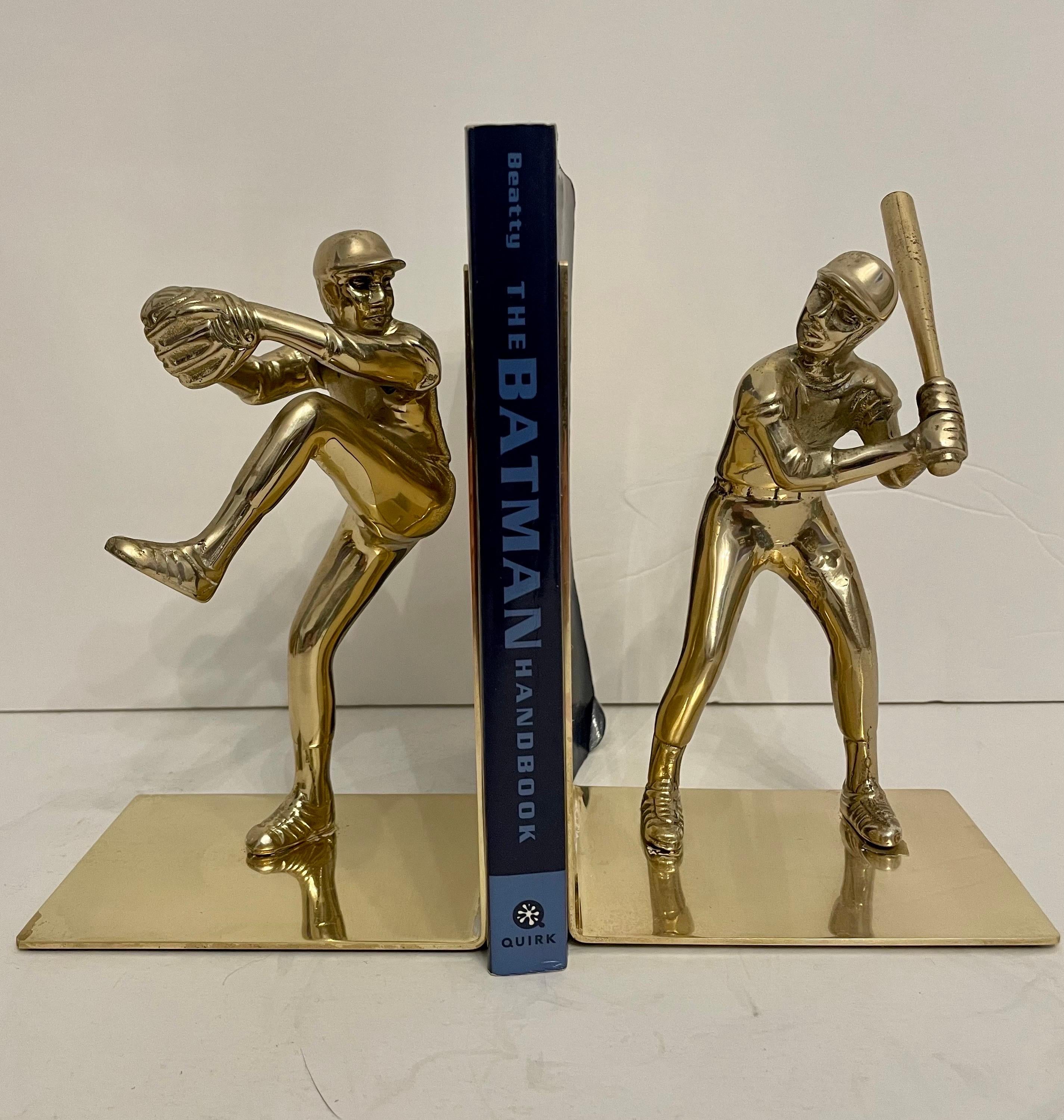 Pair Of Large Solid Brass Baseball Players Bookends. Nice detail in casting of a pitcher and a batter, heavy weight with substantial feel. Holds a shelves worth of books. Good condition, some light patina in a couple of spots. Great for your beach