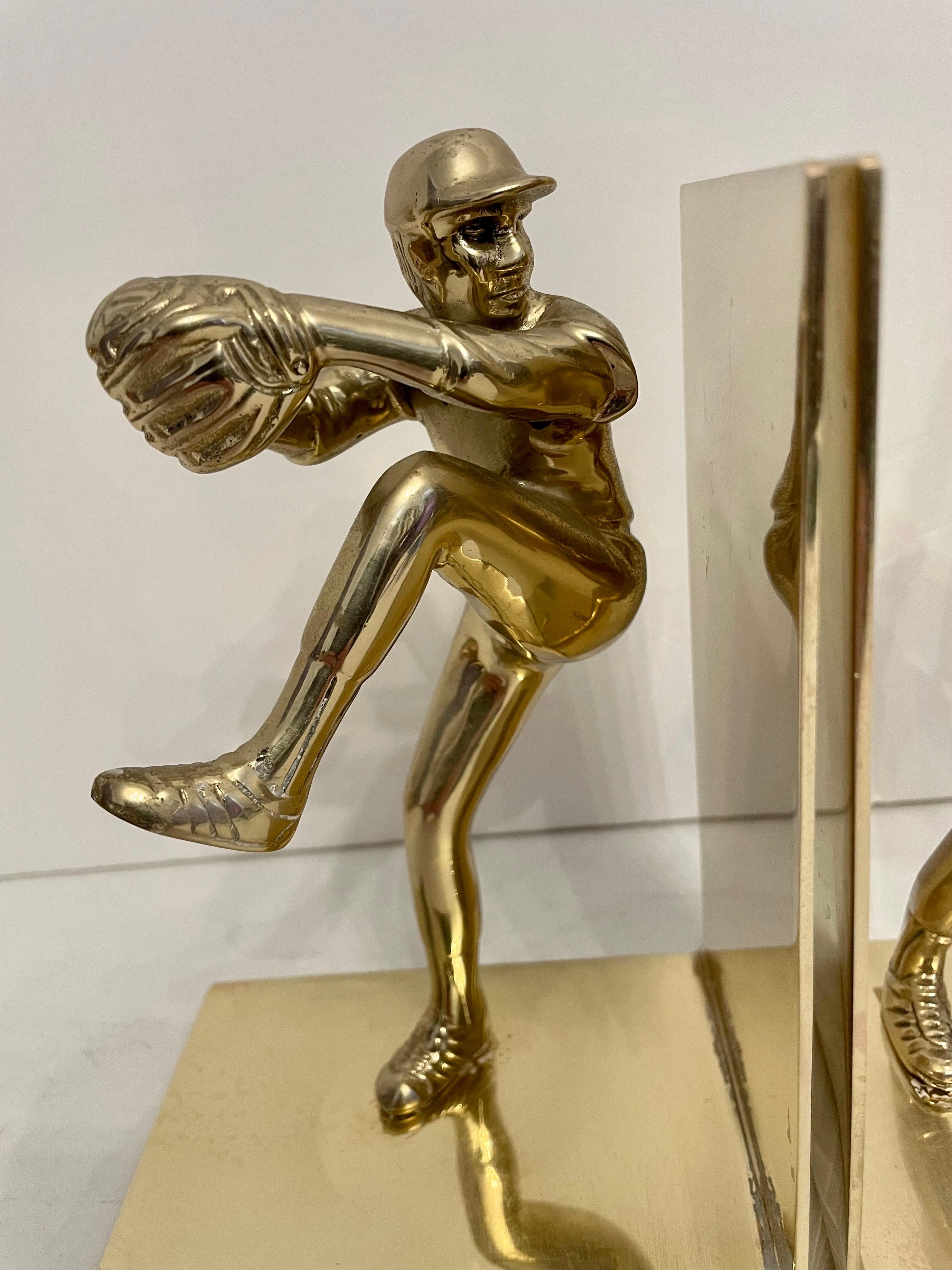 Hollywood Regency Pair Solid Brass Baseball Players Bookends For Sale