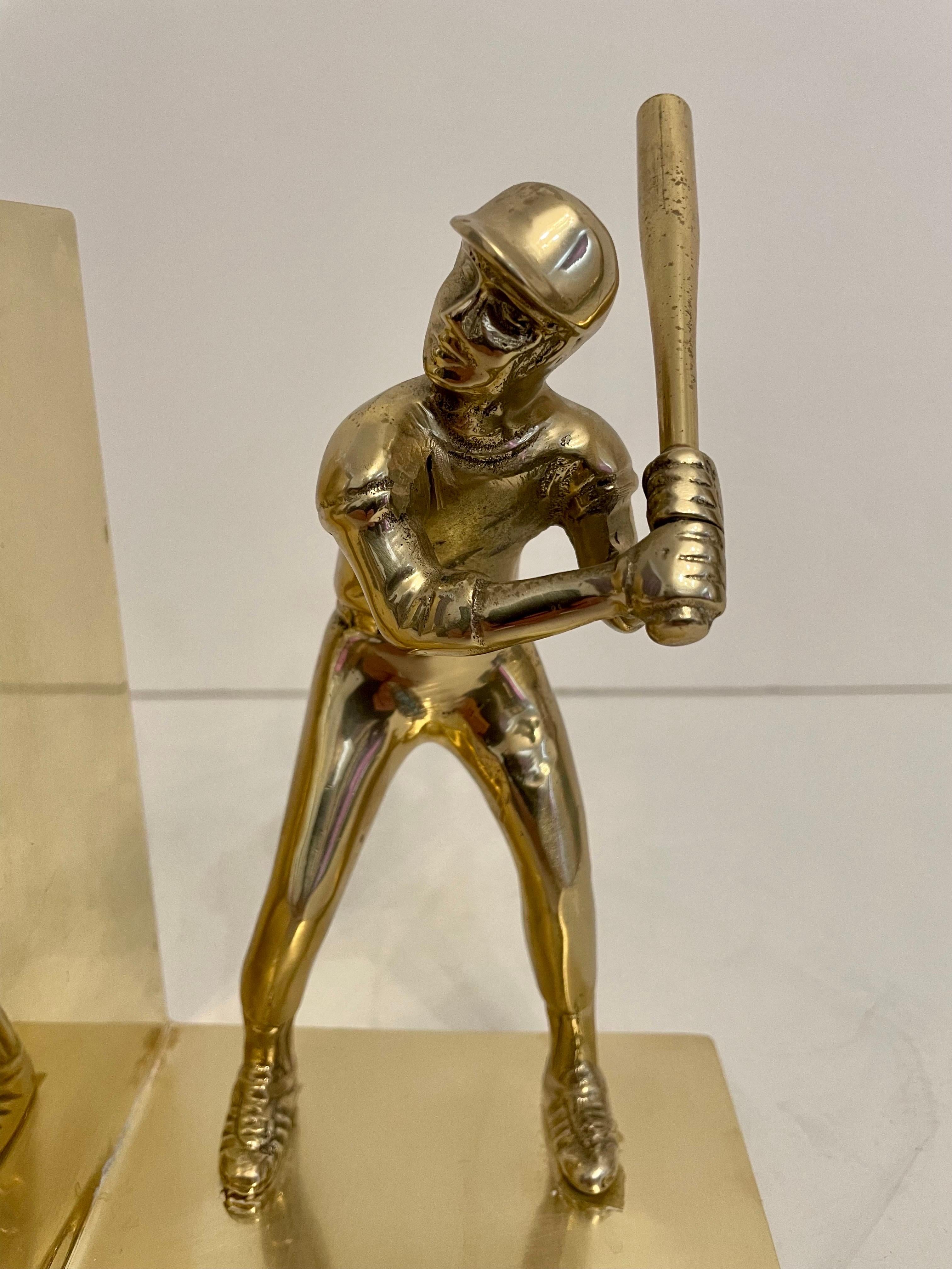 Cast Pair Solid Brass Baseball Players Bookends For Sale