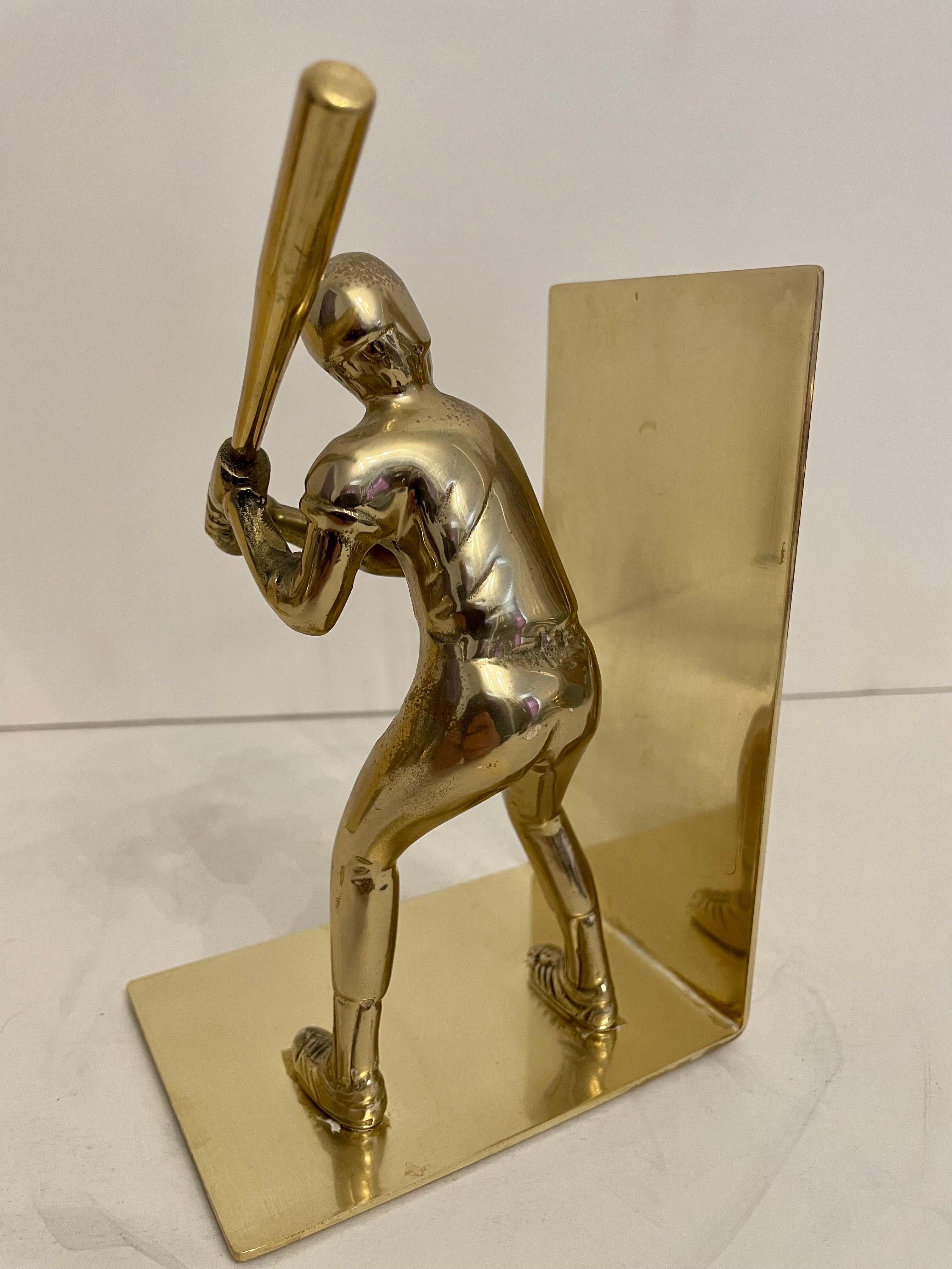 20th Century Pair Solid Brass Baseball Players Bookends For Sale
