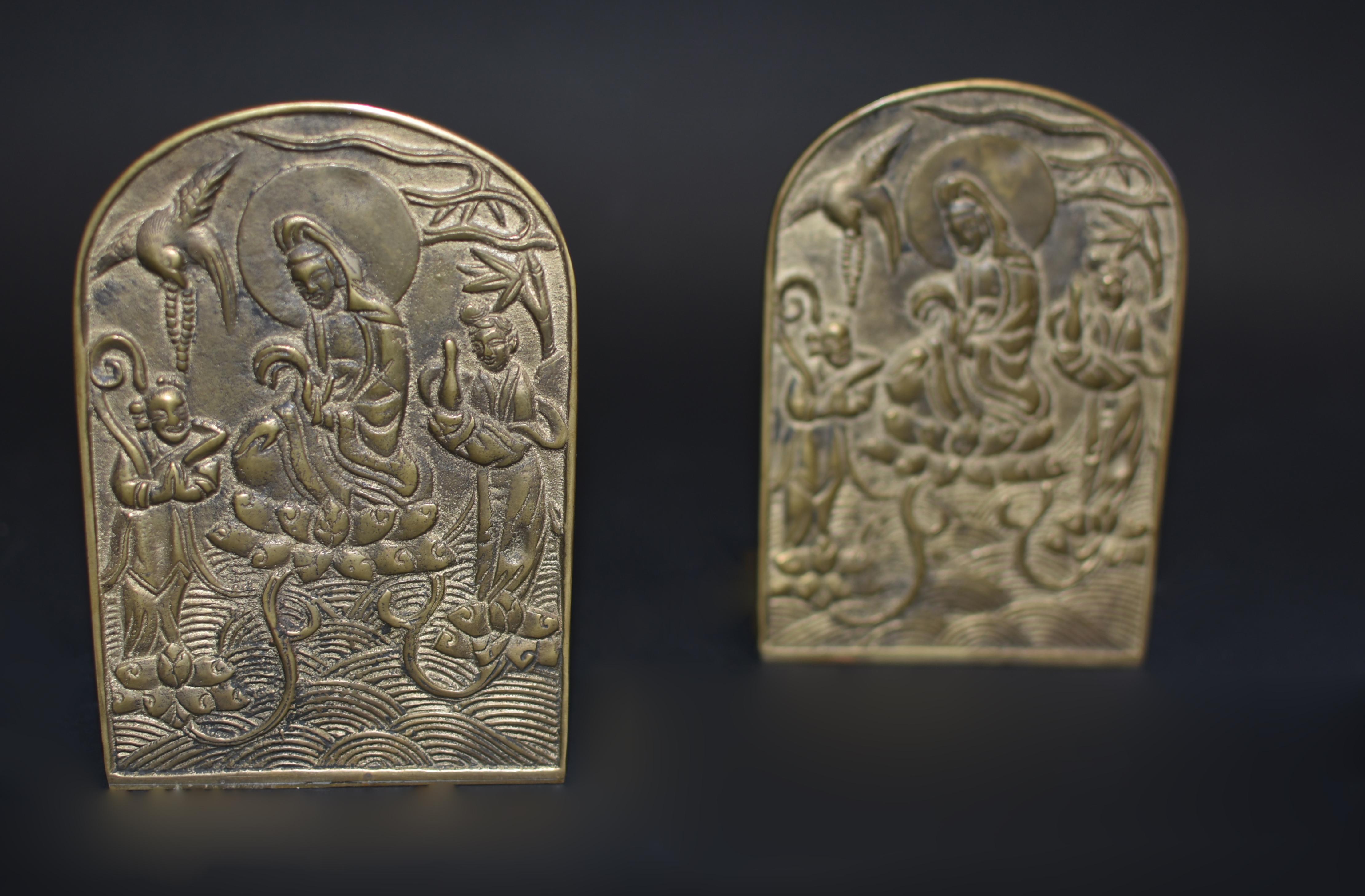 Pair Solid Brass Buddhist Guan Yin Bookends  4