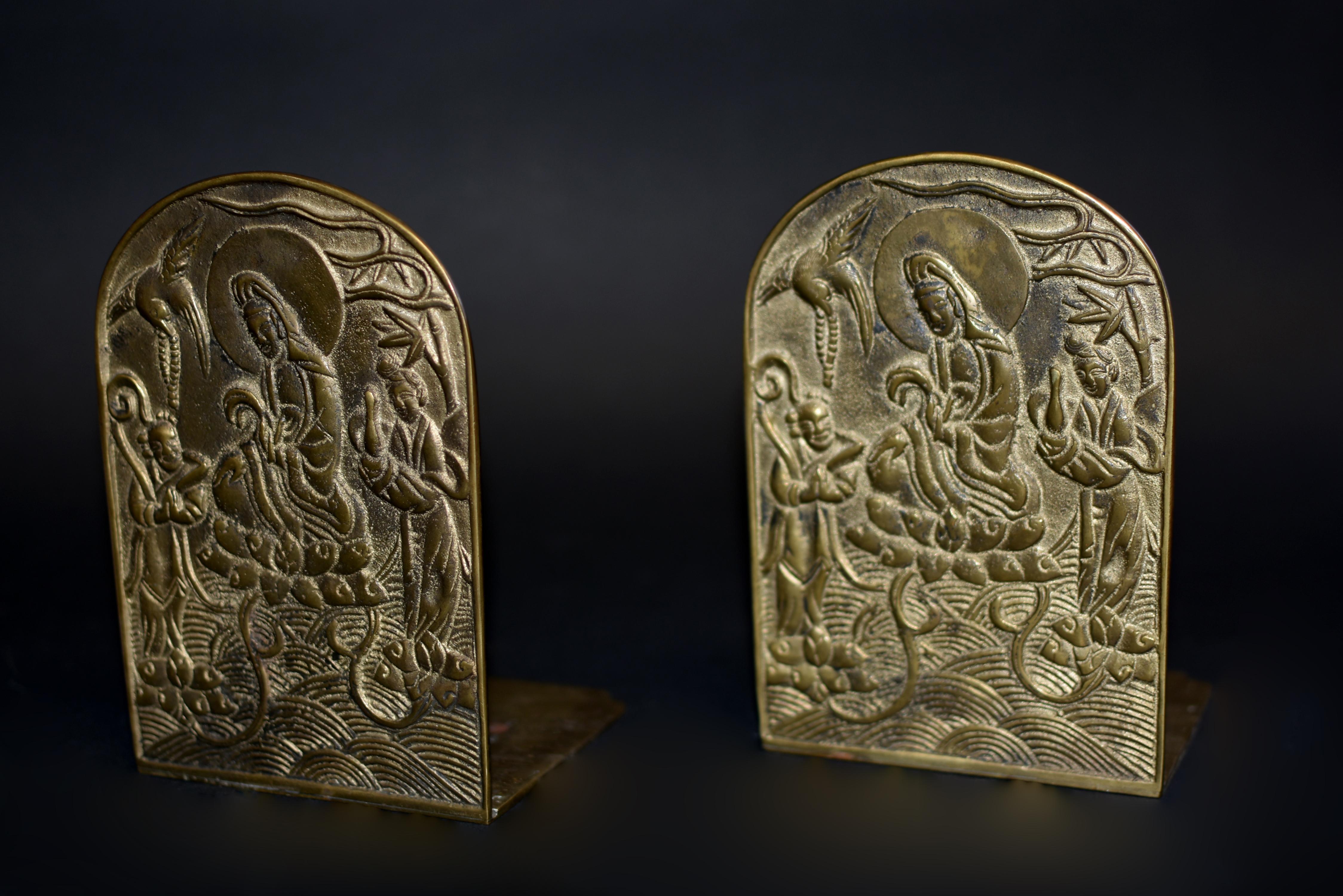 Pair Solid Brass Buddhist Guan Yin Bookends  12