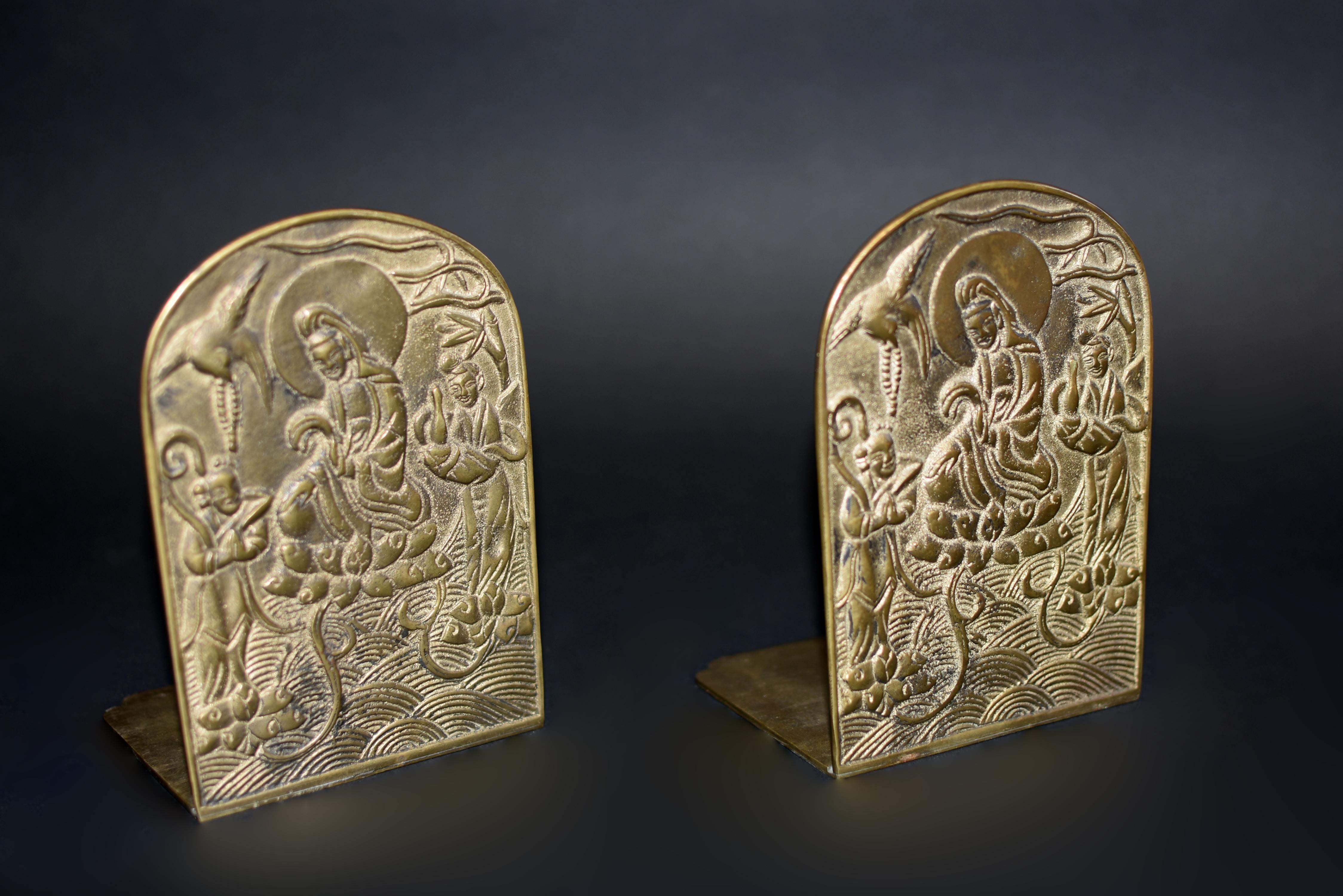 Pair Solid Brass Buddhist Guan Yin Bookends  13