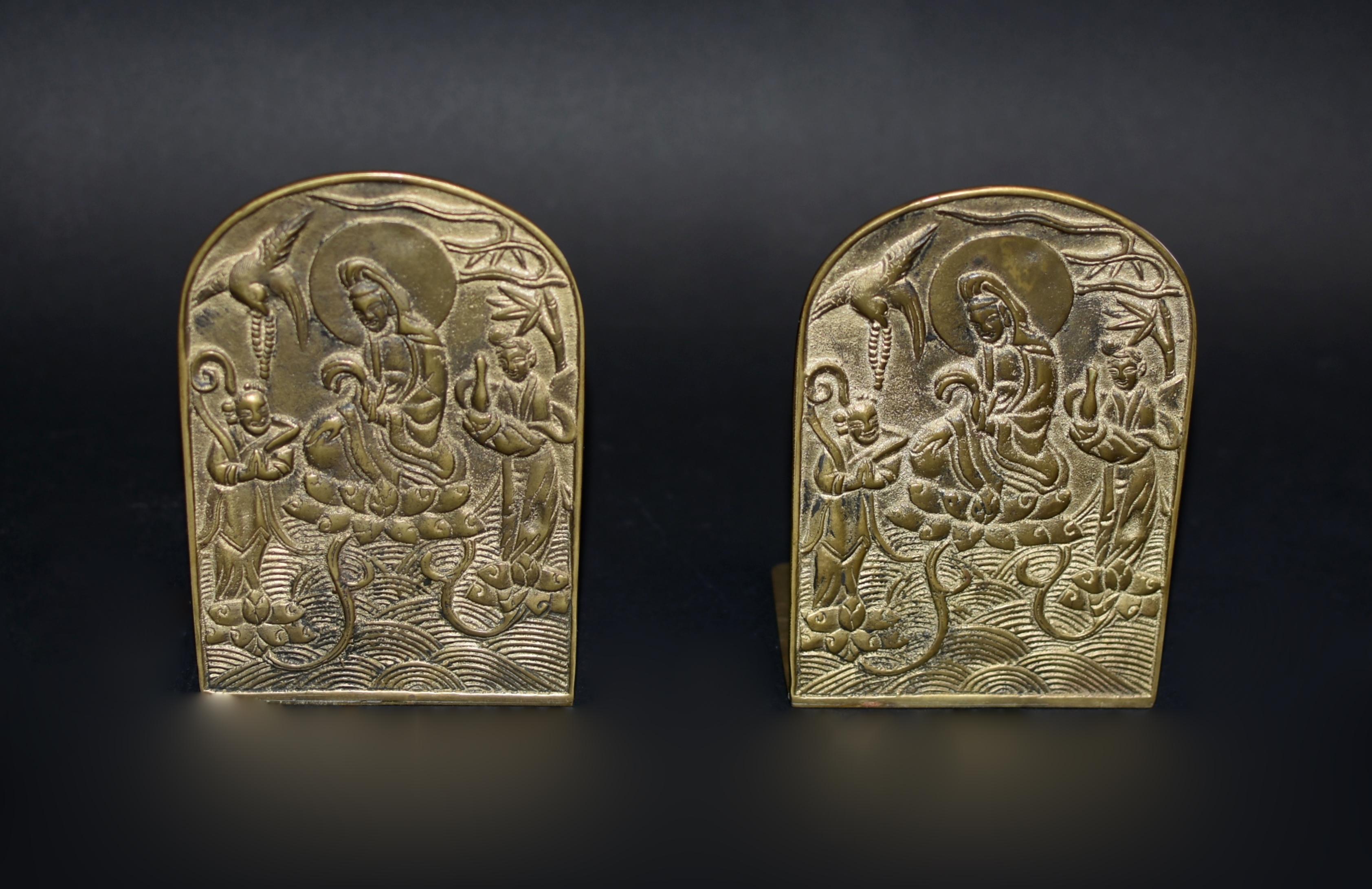 Chinese Pair Solid Brass Buddhist Guan Yin Bookends 