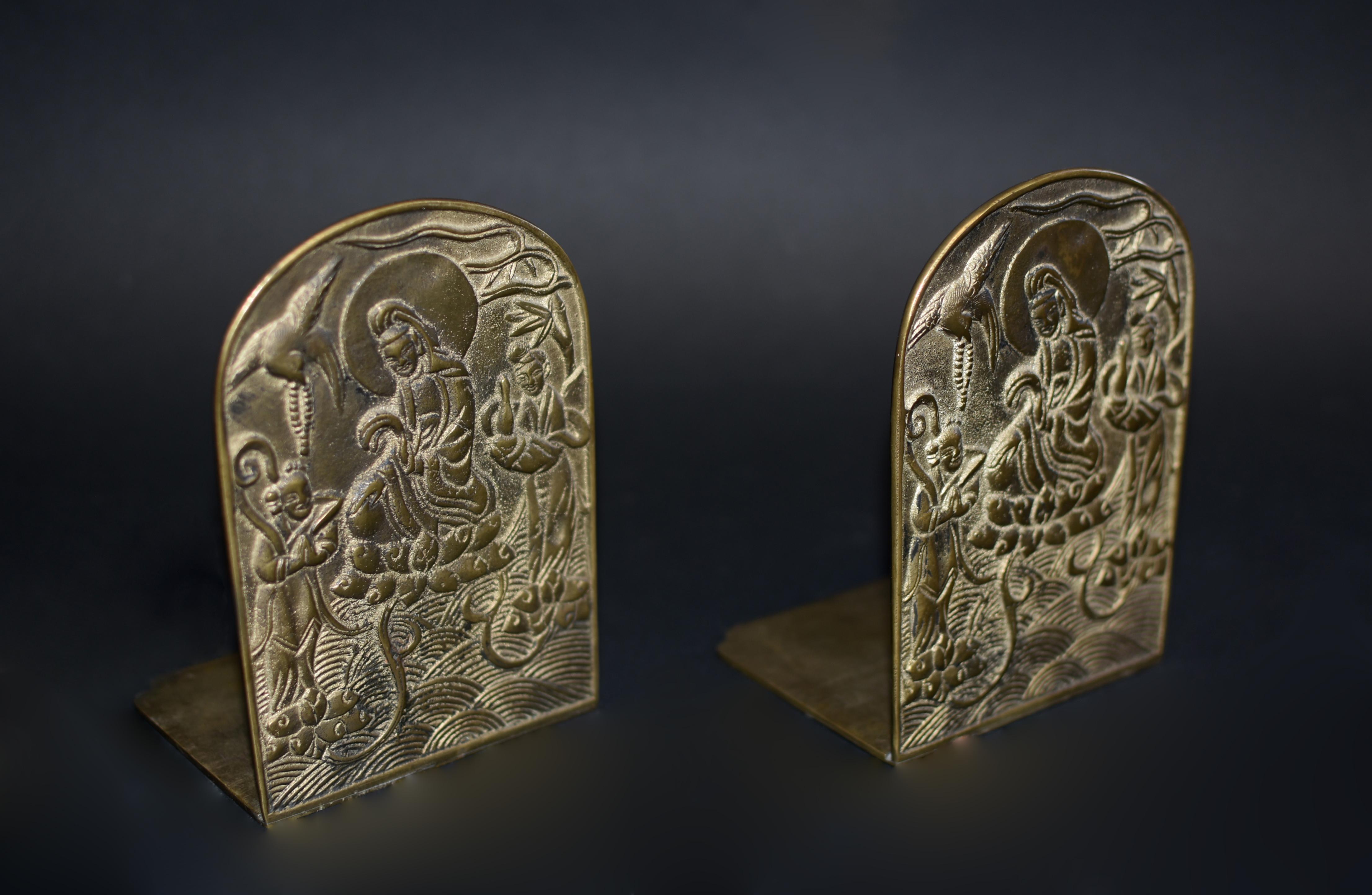 Pair Solid Brass Buddhist Guan Yin Bookends  In Good Condition In Somis, CA