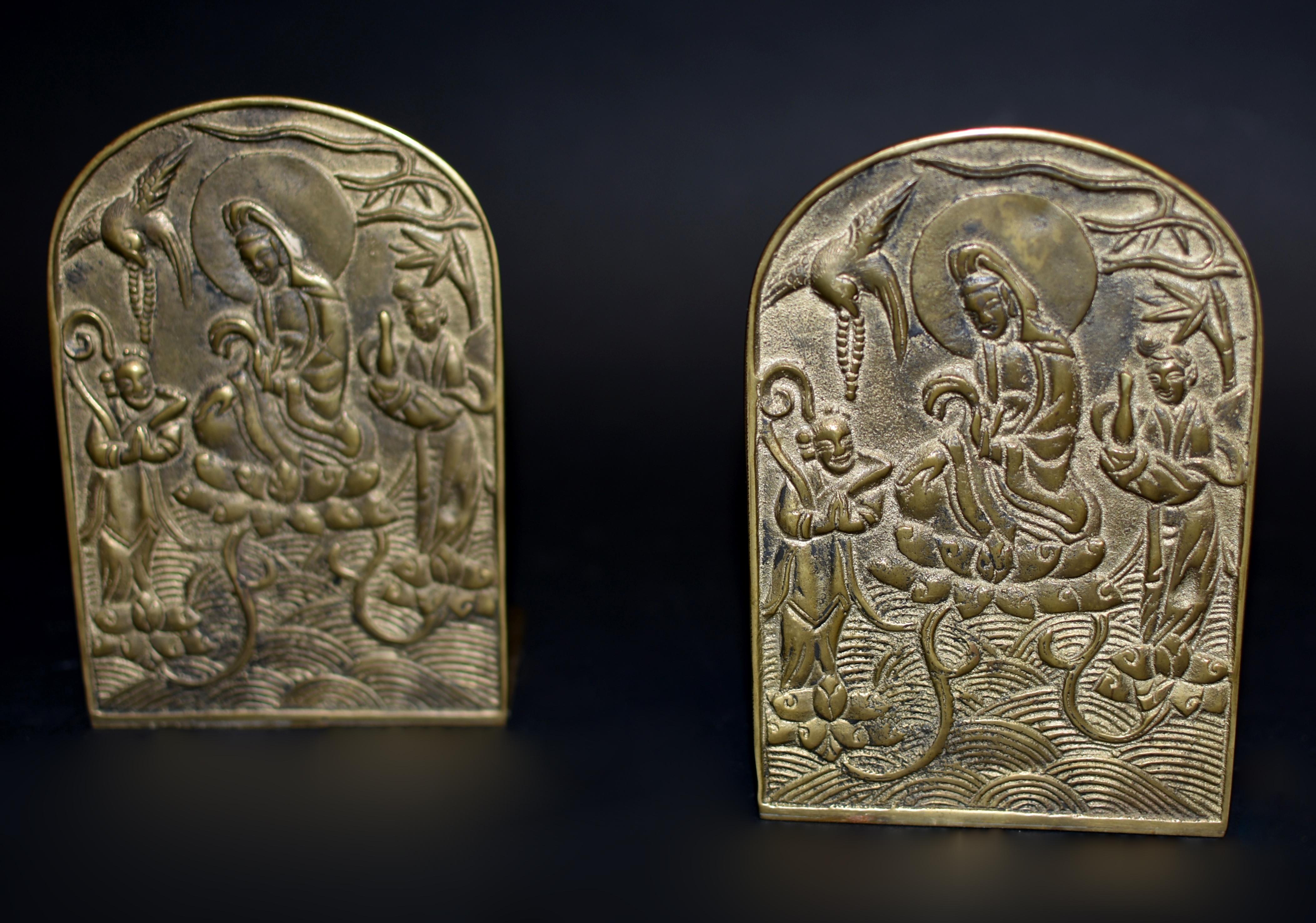 Pair Solid Brass Buddhist Guan Yin Bookends  2