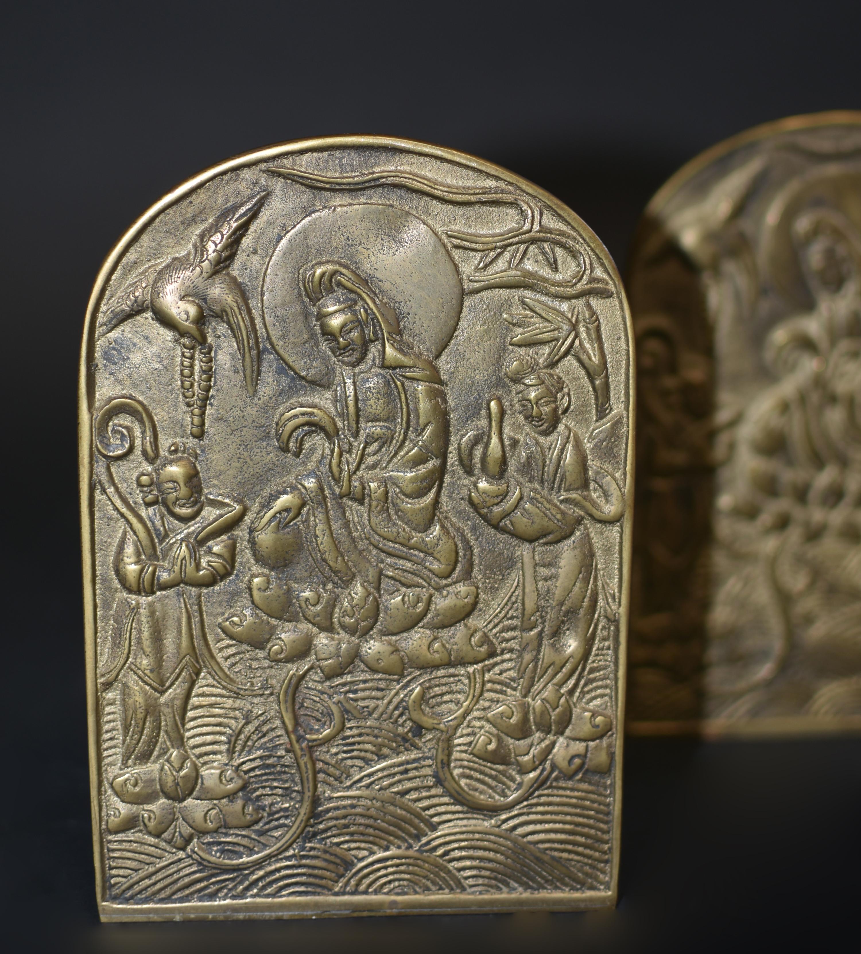 Pair Solid Brass Buddhist Guan Yin Bookends  3