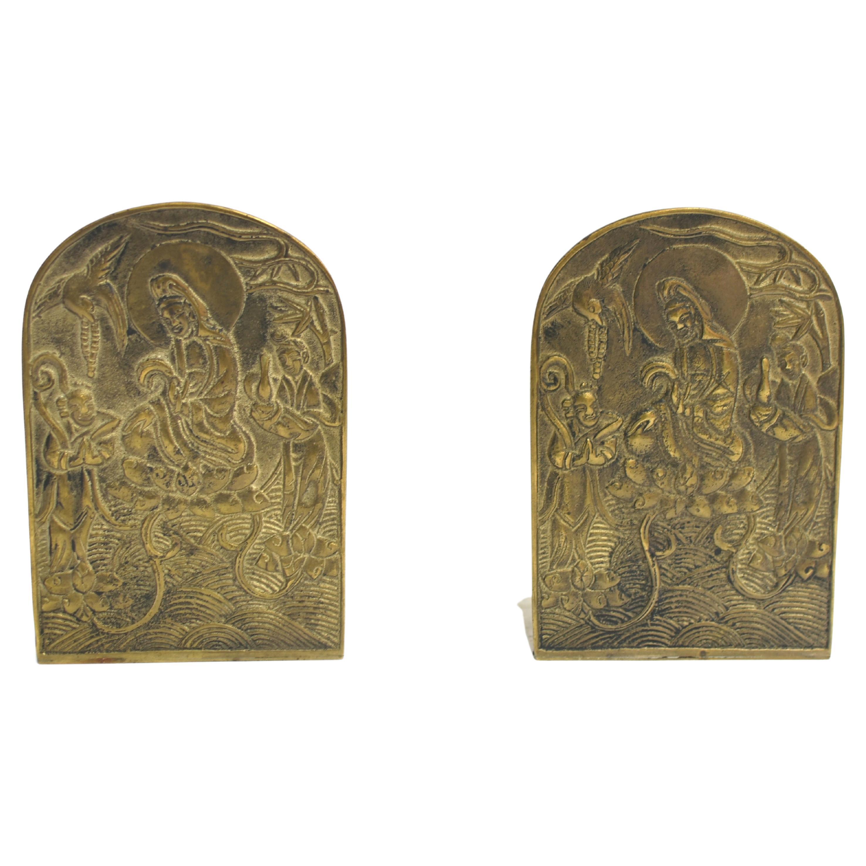 Pair Solid Brass Buddhist Guan Yin Bookends 