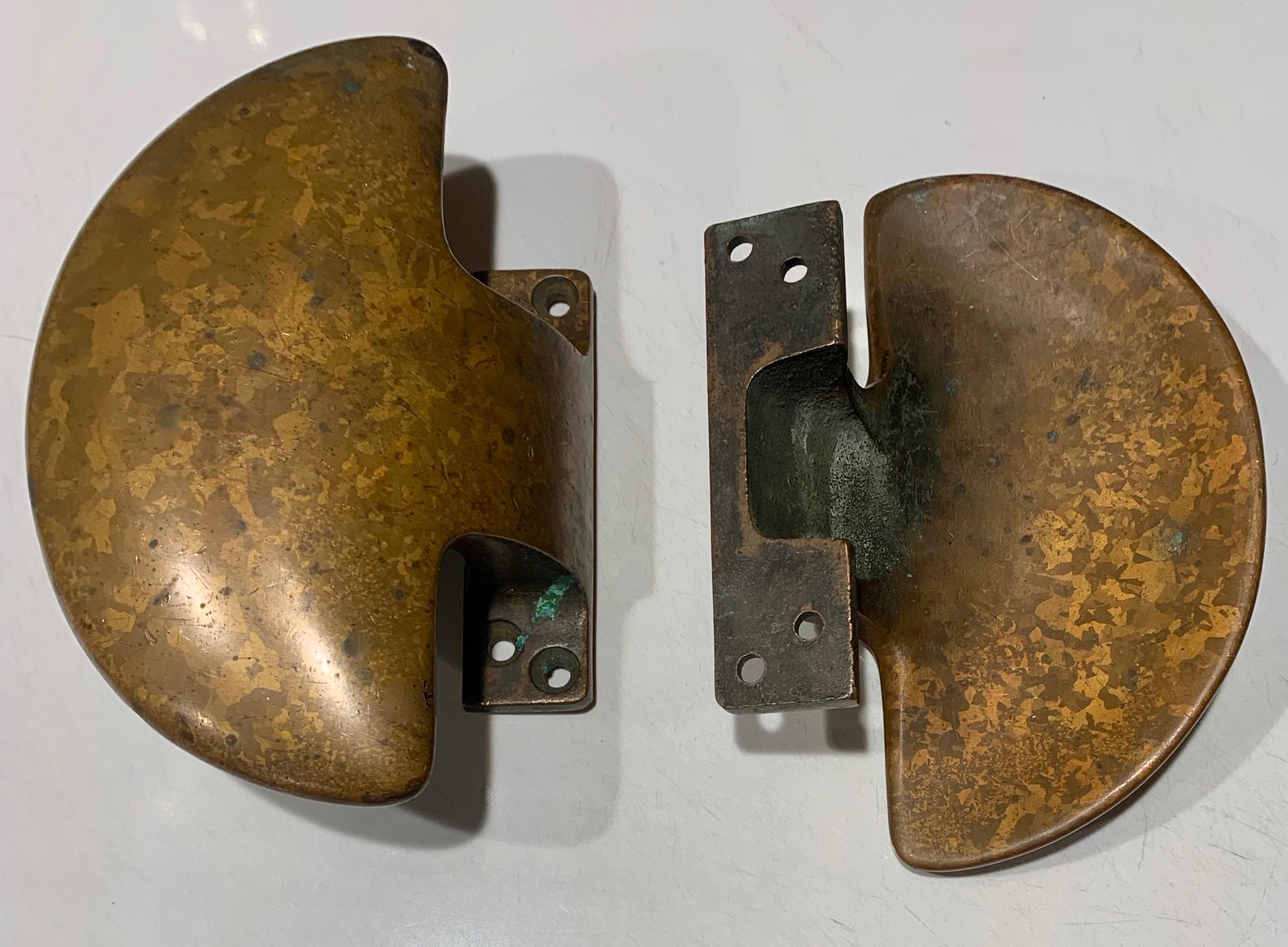 Patinated Pair of Solid Brass Door Pulls