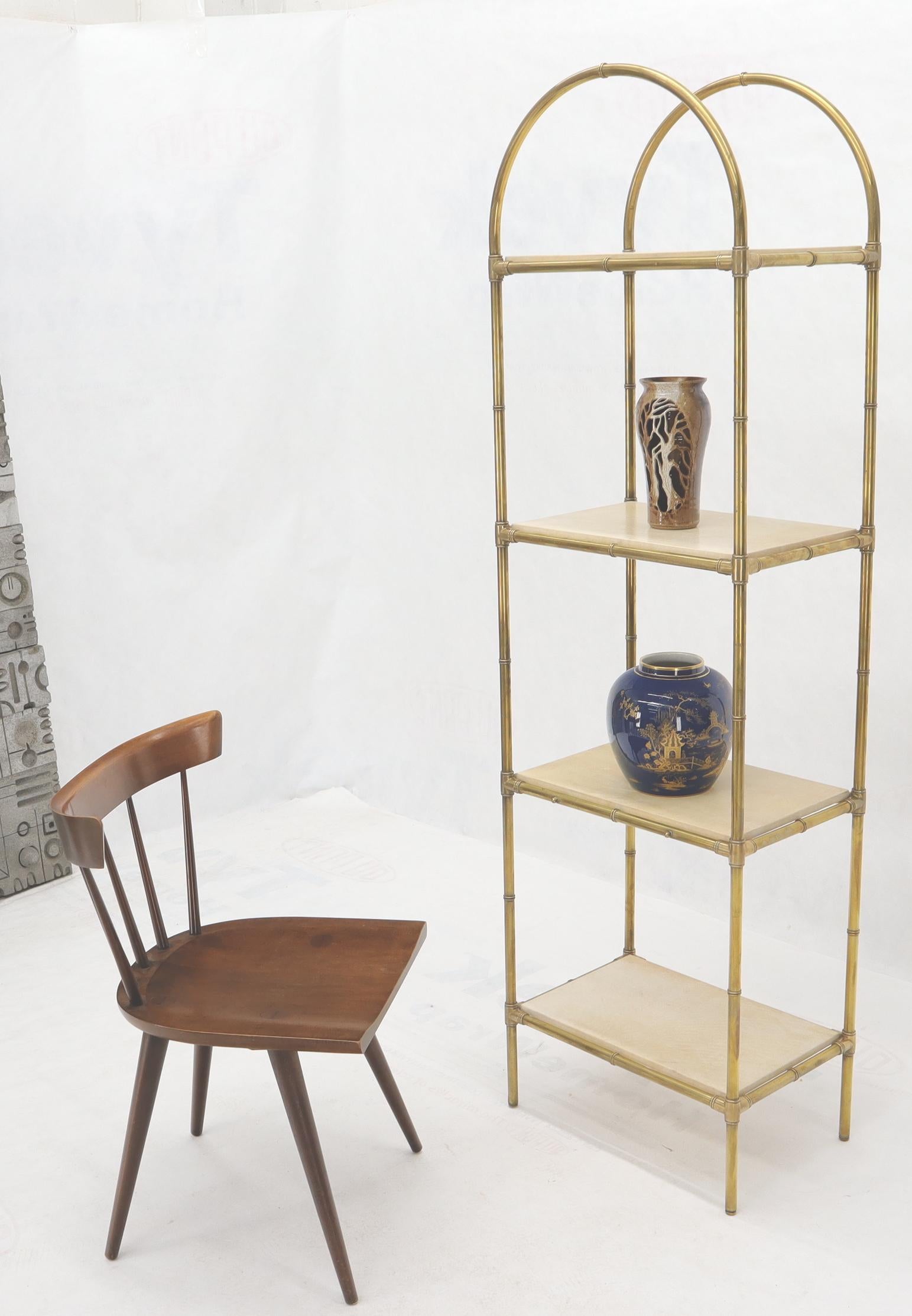 Pair of machined solid brass heavy tube faux bamboo 4 tier Italian Mid-Century Modern étagères shelves.
  