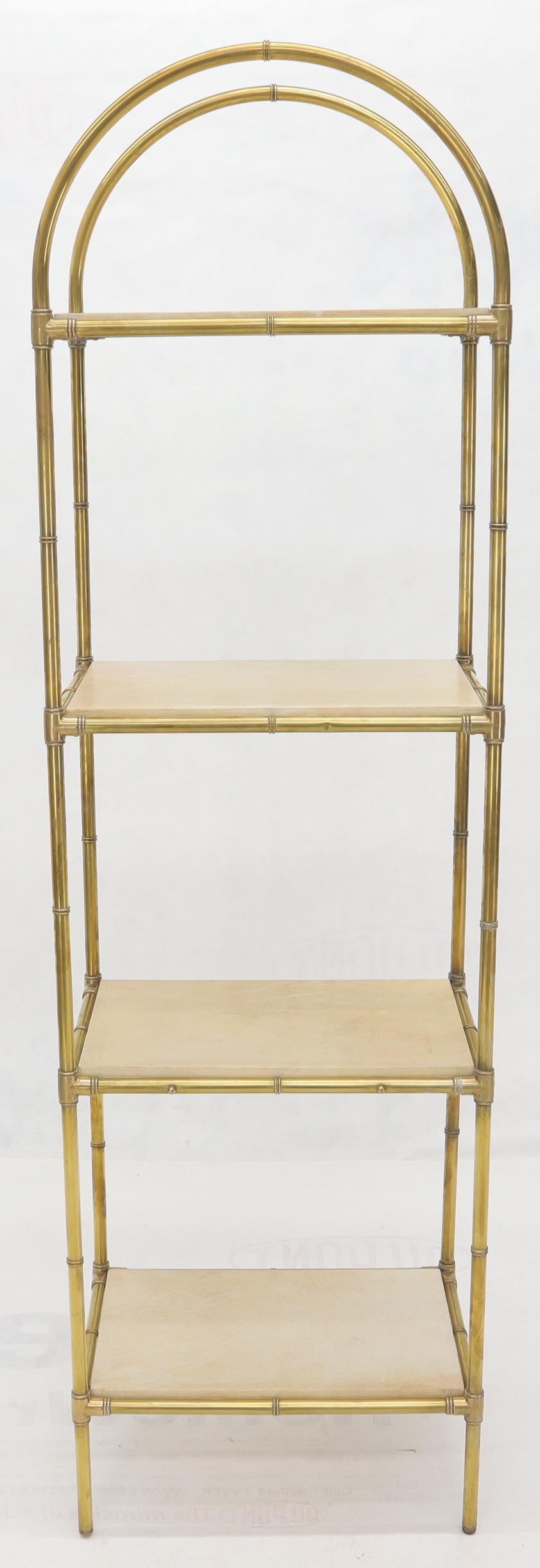 Mid-Century Modern Pair Solid Brass Faux Bamboo Arch Shape Top Goat Skin Parchment Shelves Etageres For Sale