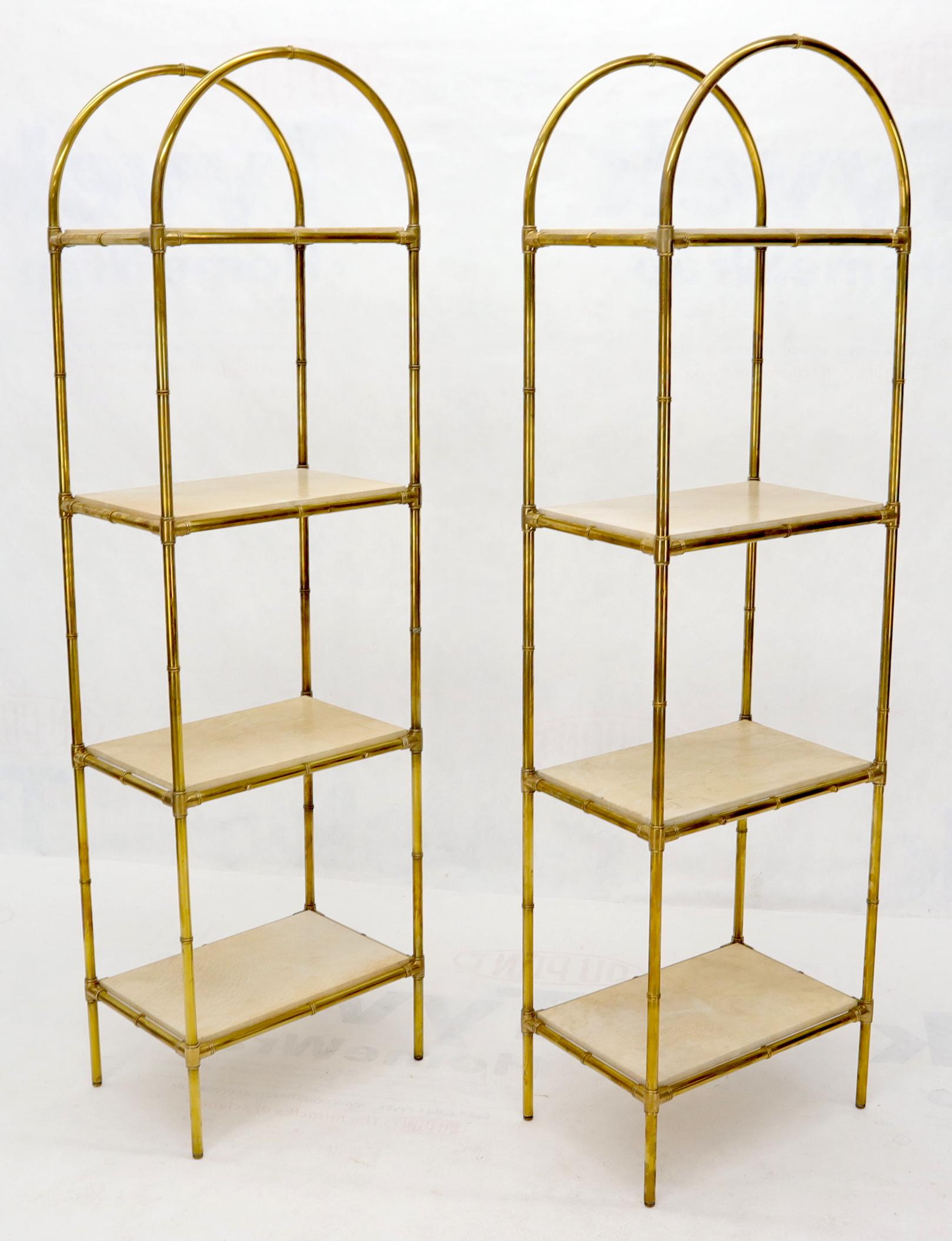 Italian Pair Solid Brass Faux Bamboo Arch Shape Top Goat Skin Parchment Shelves Etageres For Sale