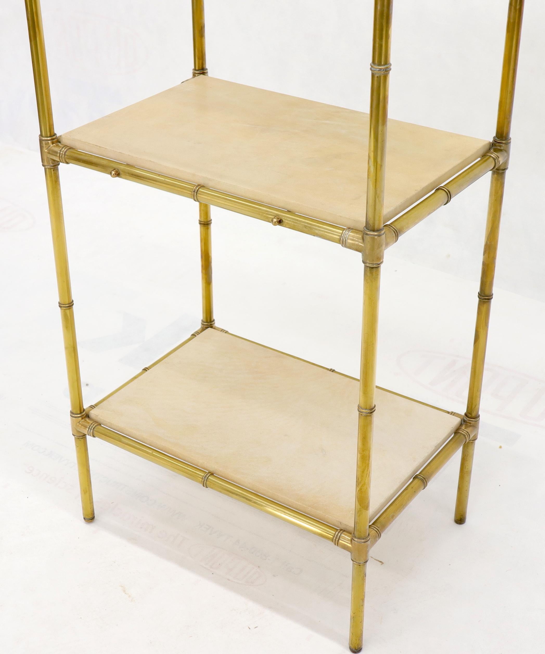 Pair Solid Brass Faux Bamboo Arch Shape Top Goat Skin Parchment Shelves Etageres In Excellent Condition For Sale In Rockaway, NJ