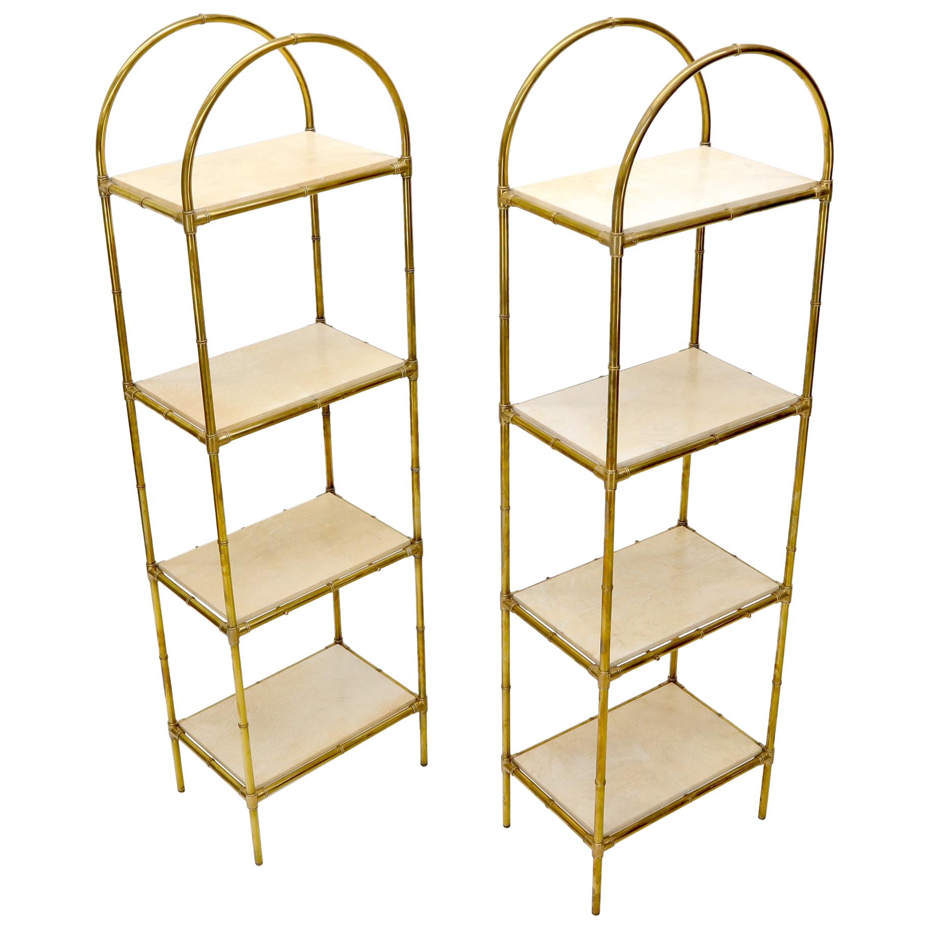 Pair Solid Brass Faux Bamboo Arch Shape Top Goat Skin Parchment Shelves Etageres For Sale