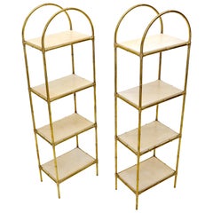 Pair Solid Brass Faux Bamboo Arch Shape Top Goat Skin Parchment Shelves Etageres