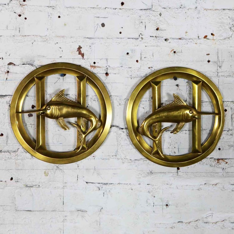 Pair of Solid Brass Porthole Cover Grills with Swordfish Design