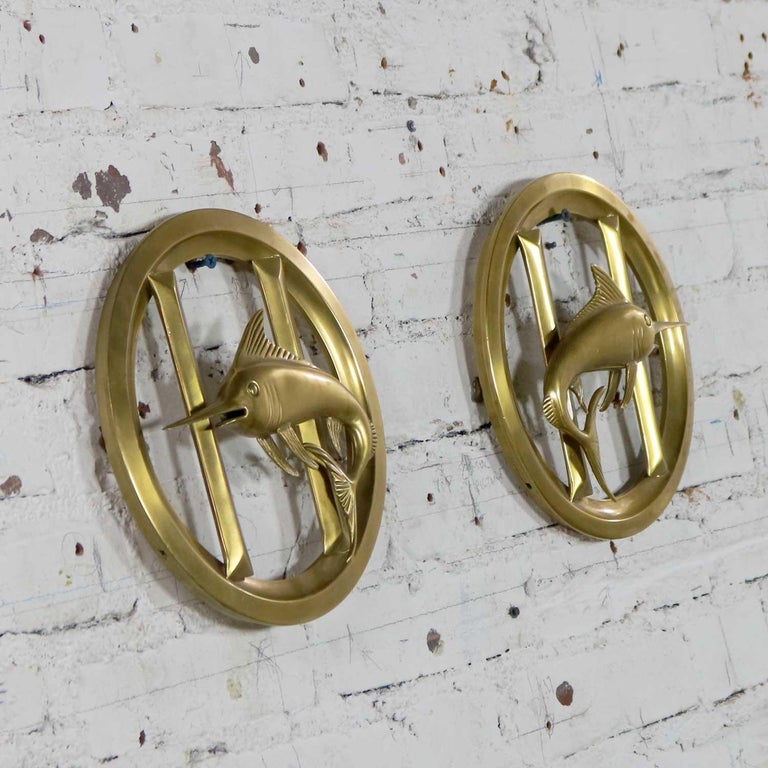 Pair of Solid Brass Porthole Cover Grills with Swordfish Design