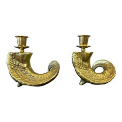 Pair of Solid Brass Rams Horn Style Candleholders