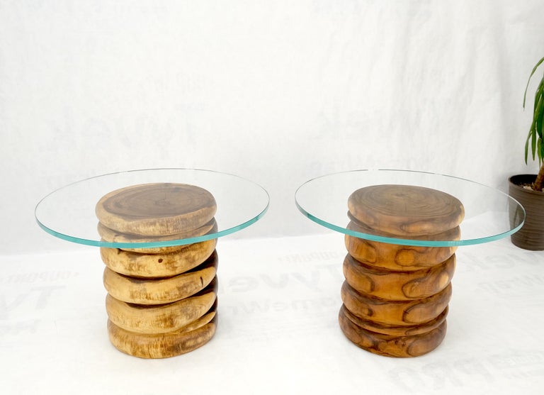 Pair Solid Carved Wood Cylinder Shape Bases Glass Top End Side Tables