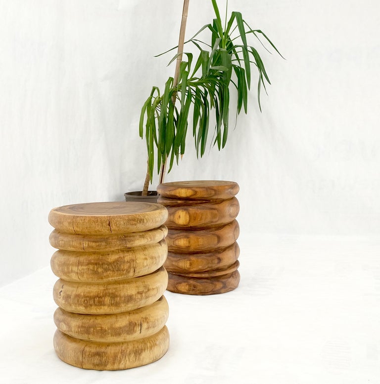 Pair Solid Carved Wood Cylinder Shape Bases Glass Top End Side Tables