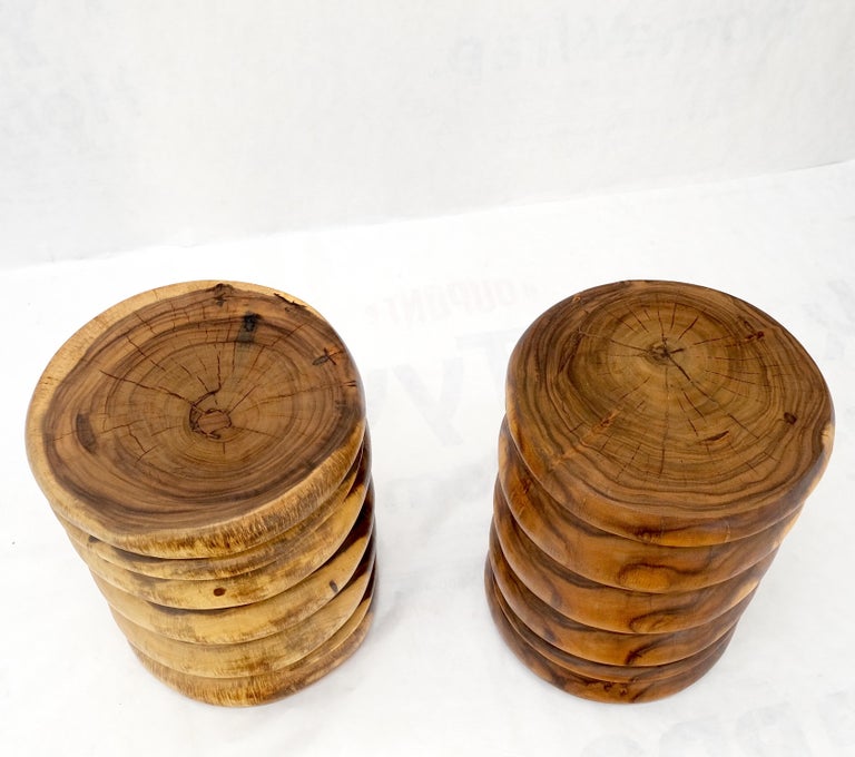 Pair Solid Carved Wood Cylinder Shape Bases Glass Top End Side Tables