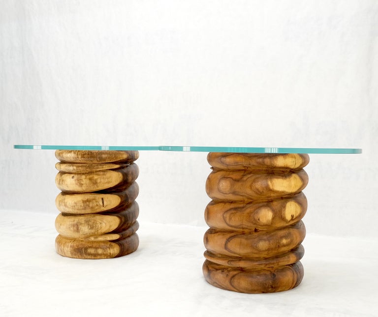 Pair Solid Carved Wood Cylinder Shape Bases Glass Top End Side Tables