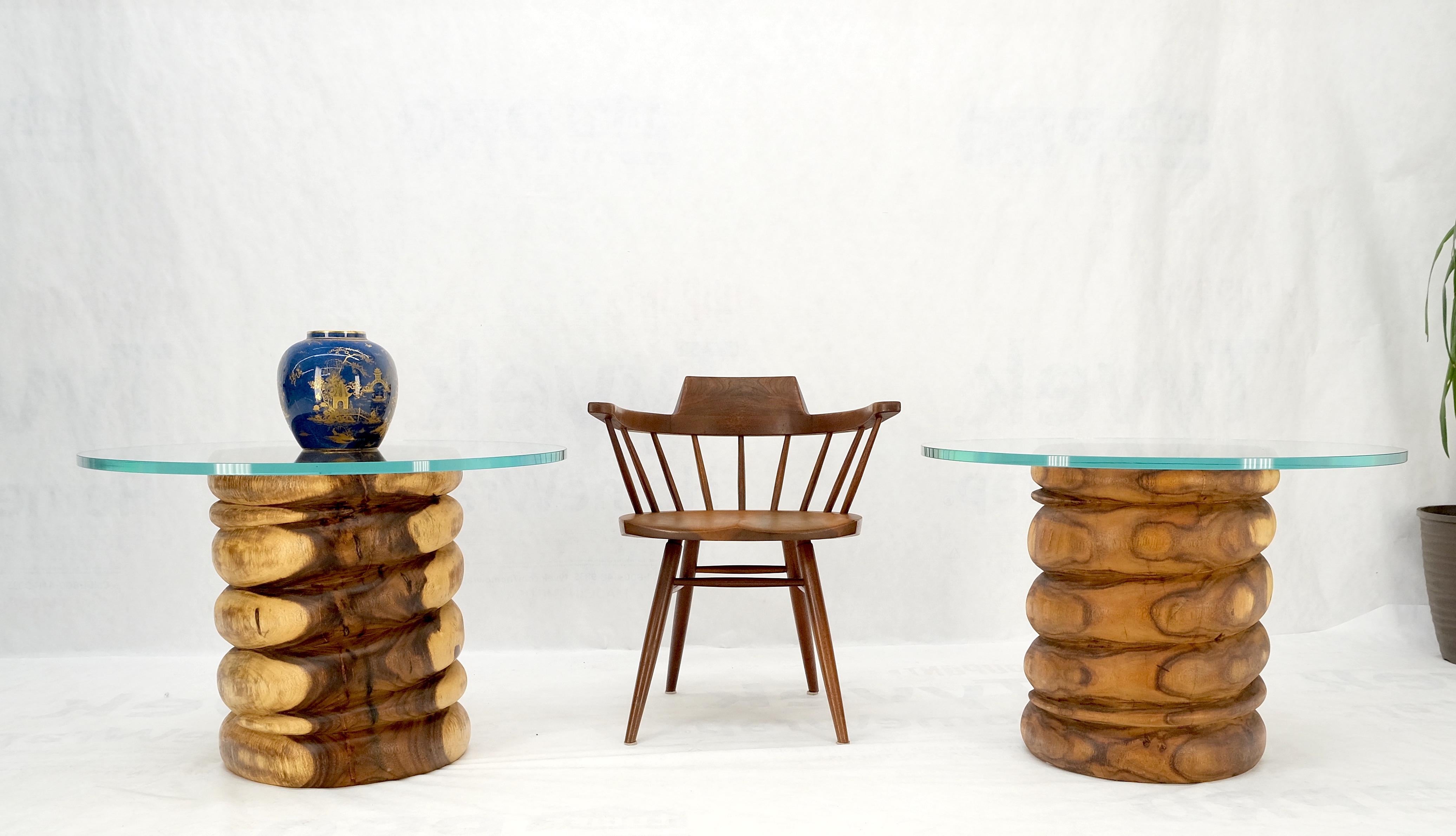 Mid-Century Modern Pair Solid Carved Wood Cylinder Shape Bases Glass Top End Side Tables Stands For Sale