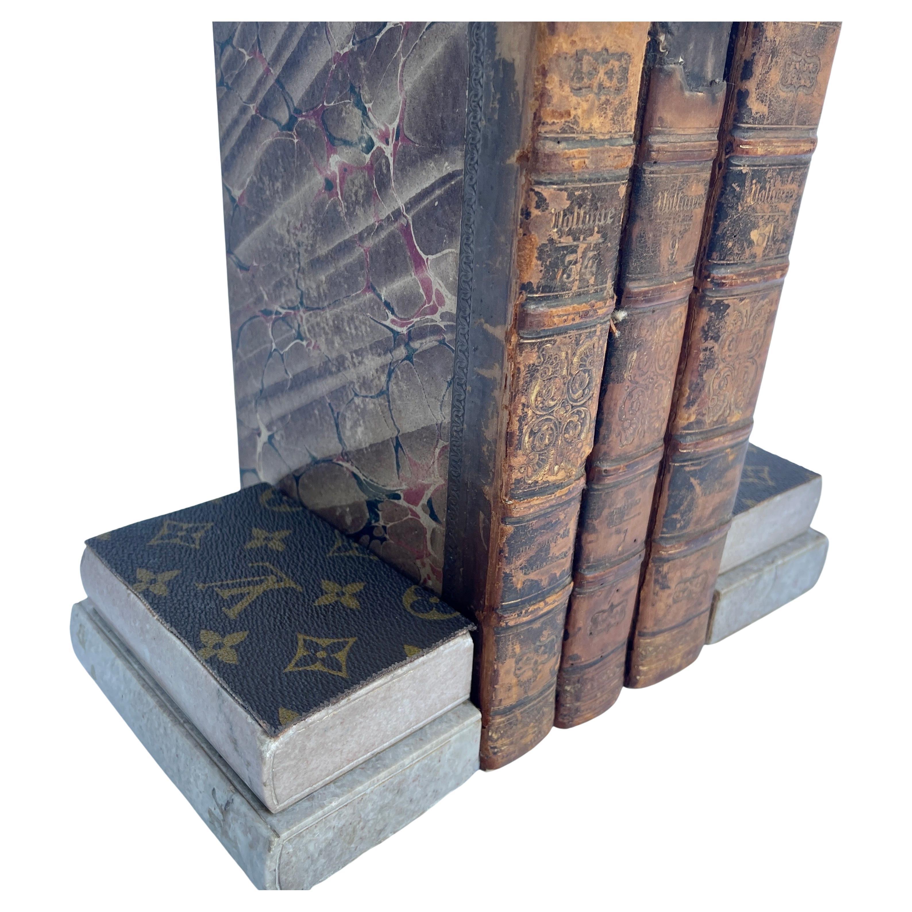 Mid-Century Modern Pair Solid Marble Bookends with Louis Vuitton Monogram Leather For Sale