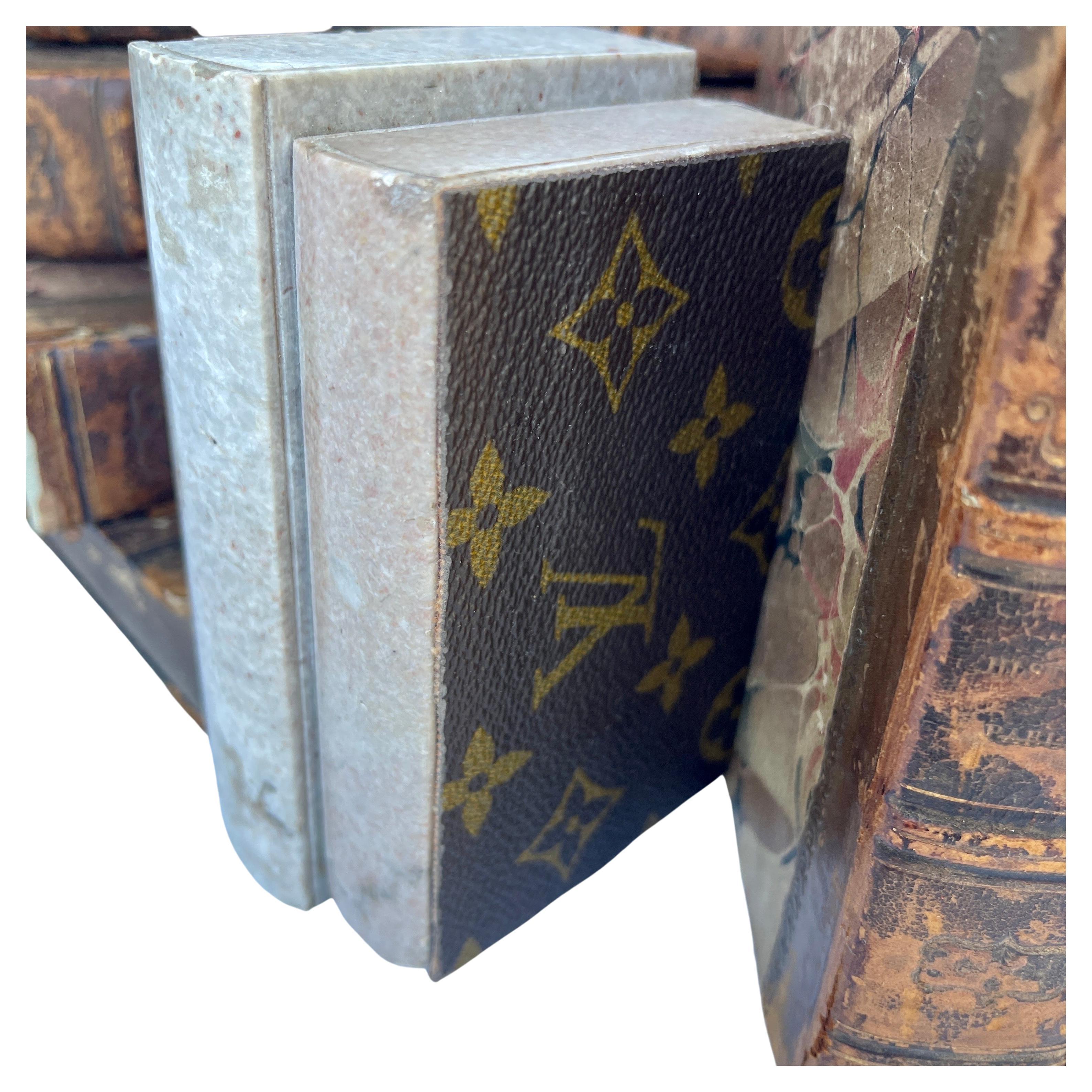 Hand-Crafted Pair Solid Marble Bookends with Louis Vuitton Monogram Leather For Sale