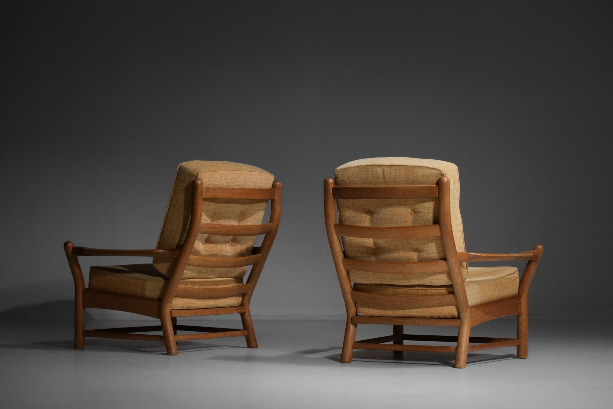 Mid-Century Modern Pair Solid Oak Armchairs Attributes of Guillerme and Chambron F174