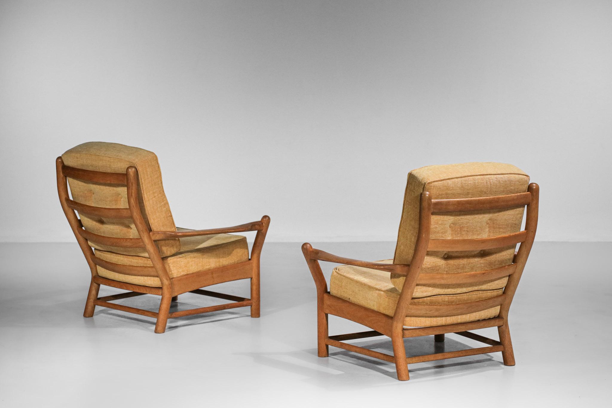 Mid-20th Century Pair Solid Oak Armchairs Attributes of Guillerme and Chambron F174