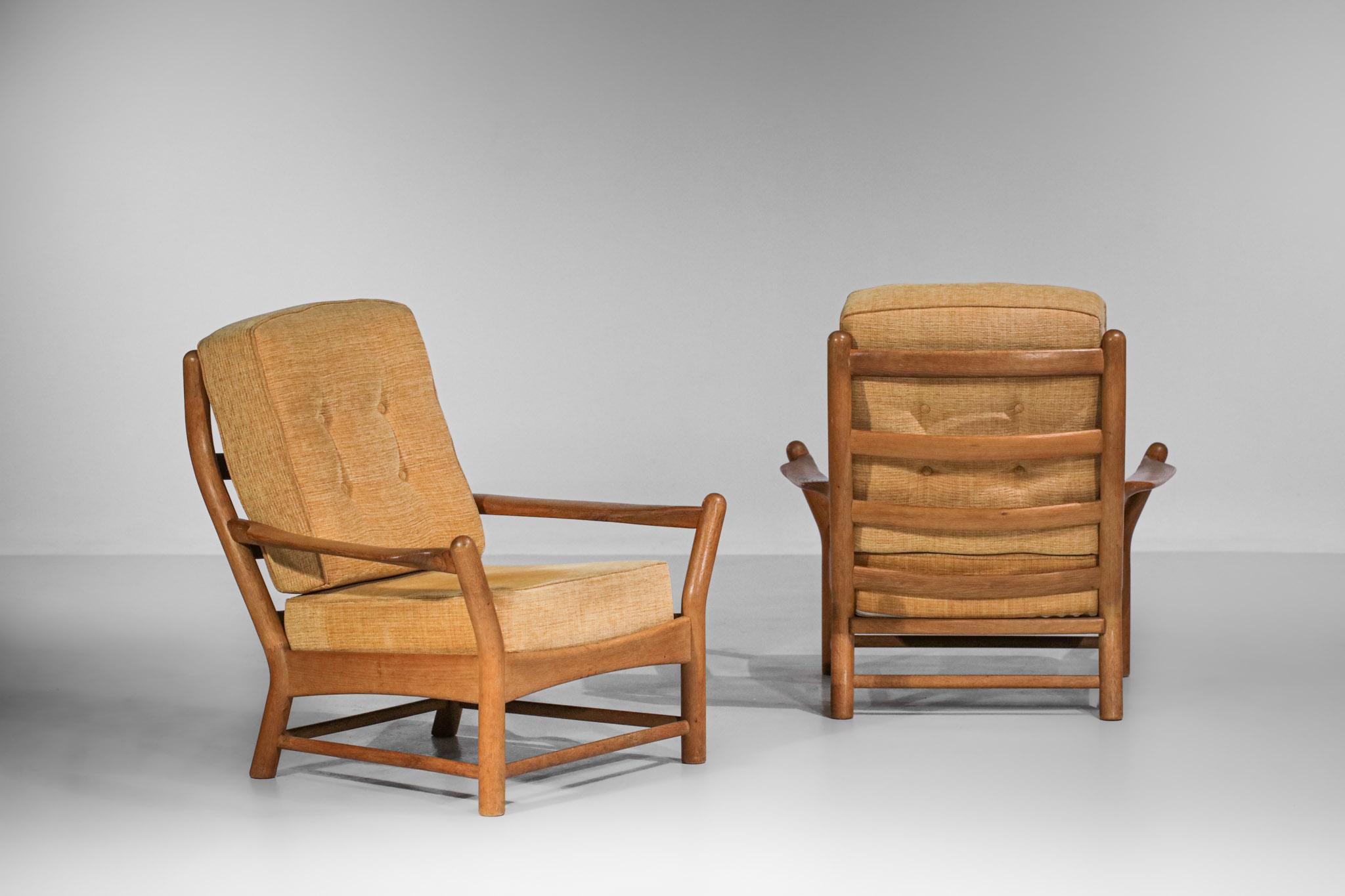 Pair Solid Oak Armchairs Attributes of Guillerme and Chambron F174 1