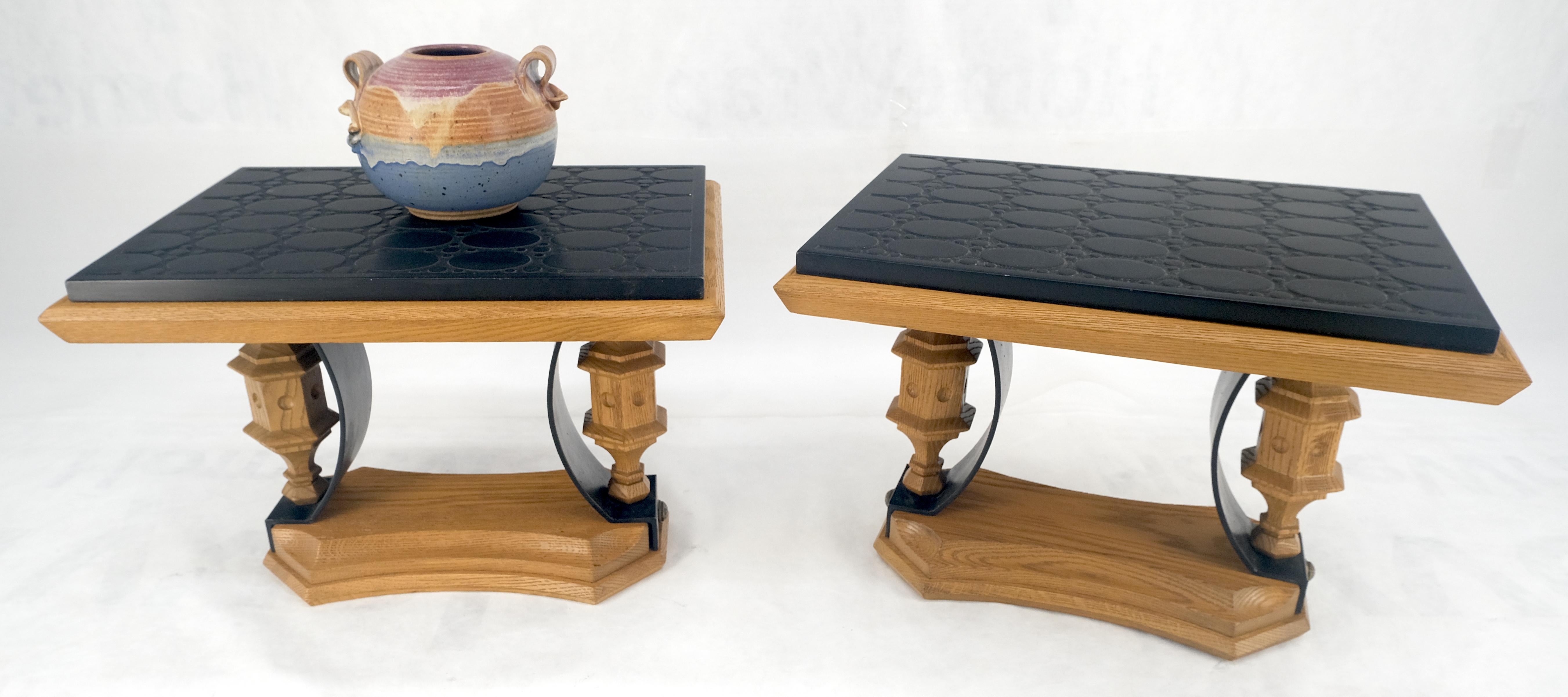 Pair Solid Oak Bases Etched Patterns 3/4