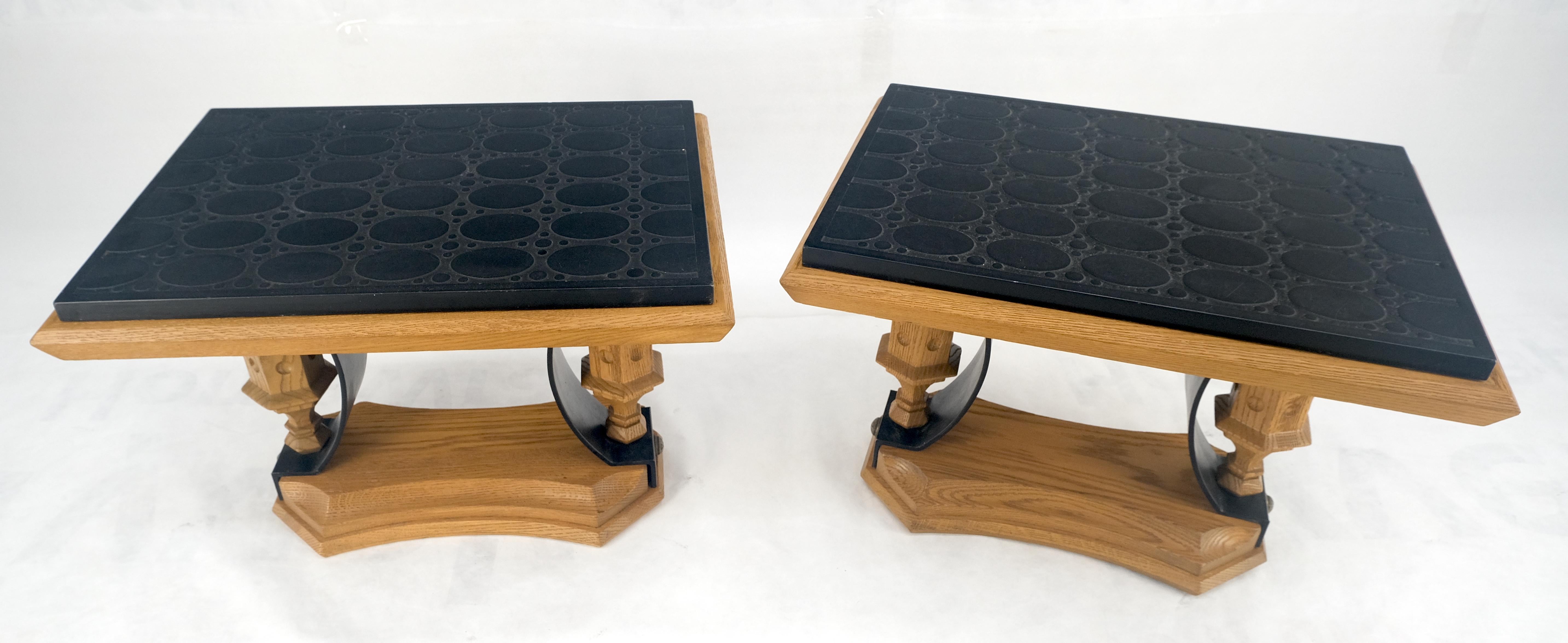 Pair Solid Oak Bases Etched Patterns 3/4